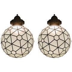 Vintage Art Deco Style Chandelier, Pendant Globe Shape Milk Glass and Brass, a Pair