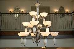 15-Arm Art Deco Style Chandelier with Alabaster Bowls and Illuminated Cones