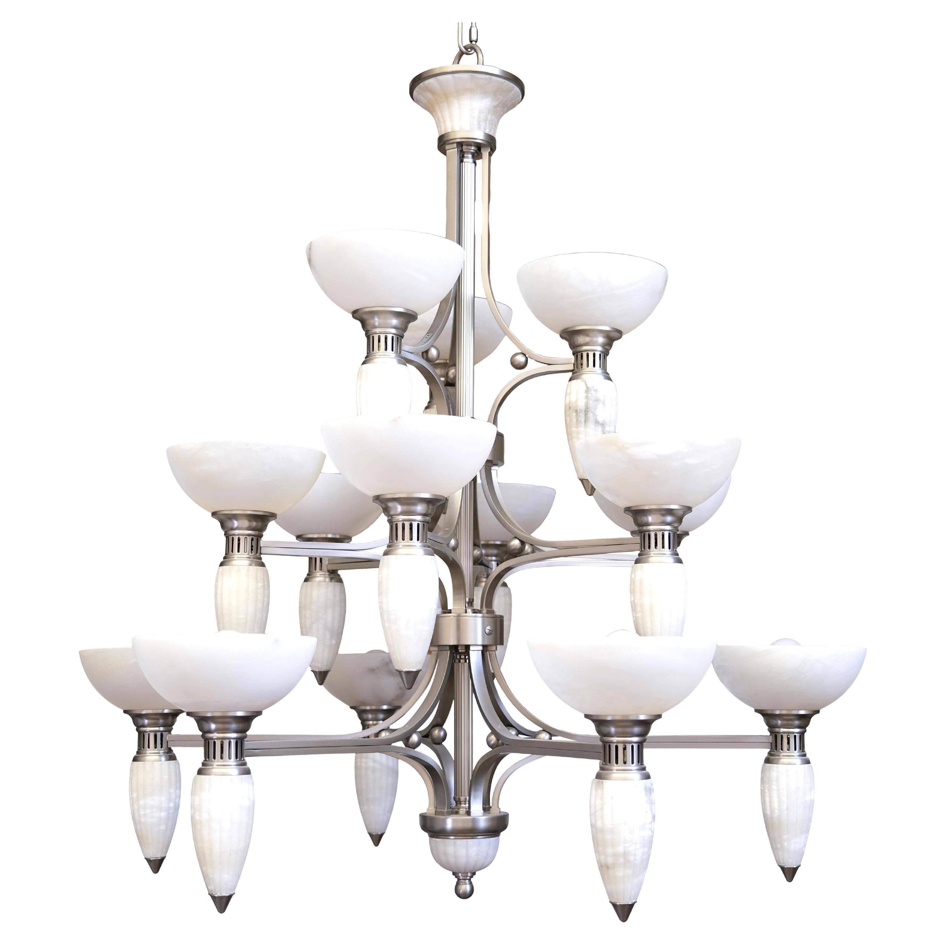 15-Arm Art Deco Style Chandelier with Alabaster Bowls and Illuminated Cones For Sale