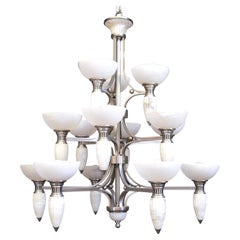 Vintage 15-Arm Art Deco Style Chandelier with Alabaster Bowls and Illuminated Cones