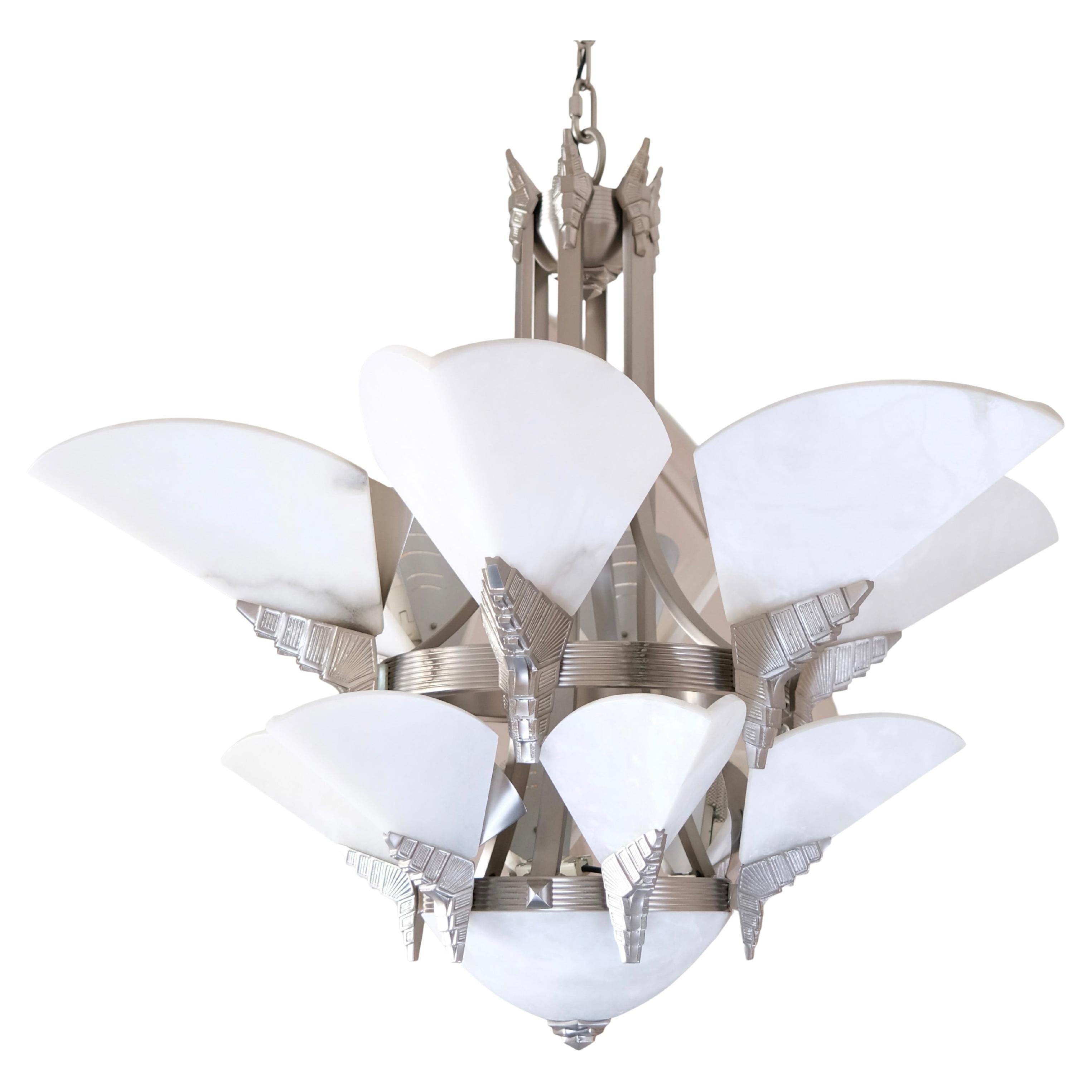 Art Deco Style Chandelier with Beak shaped Alabaster Bowls and Silver Matt Metal For Sale