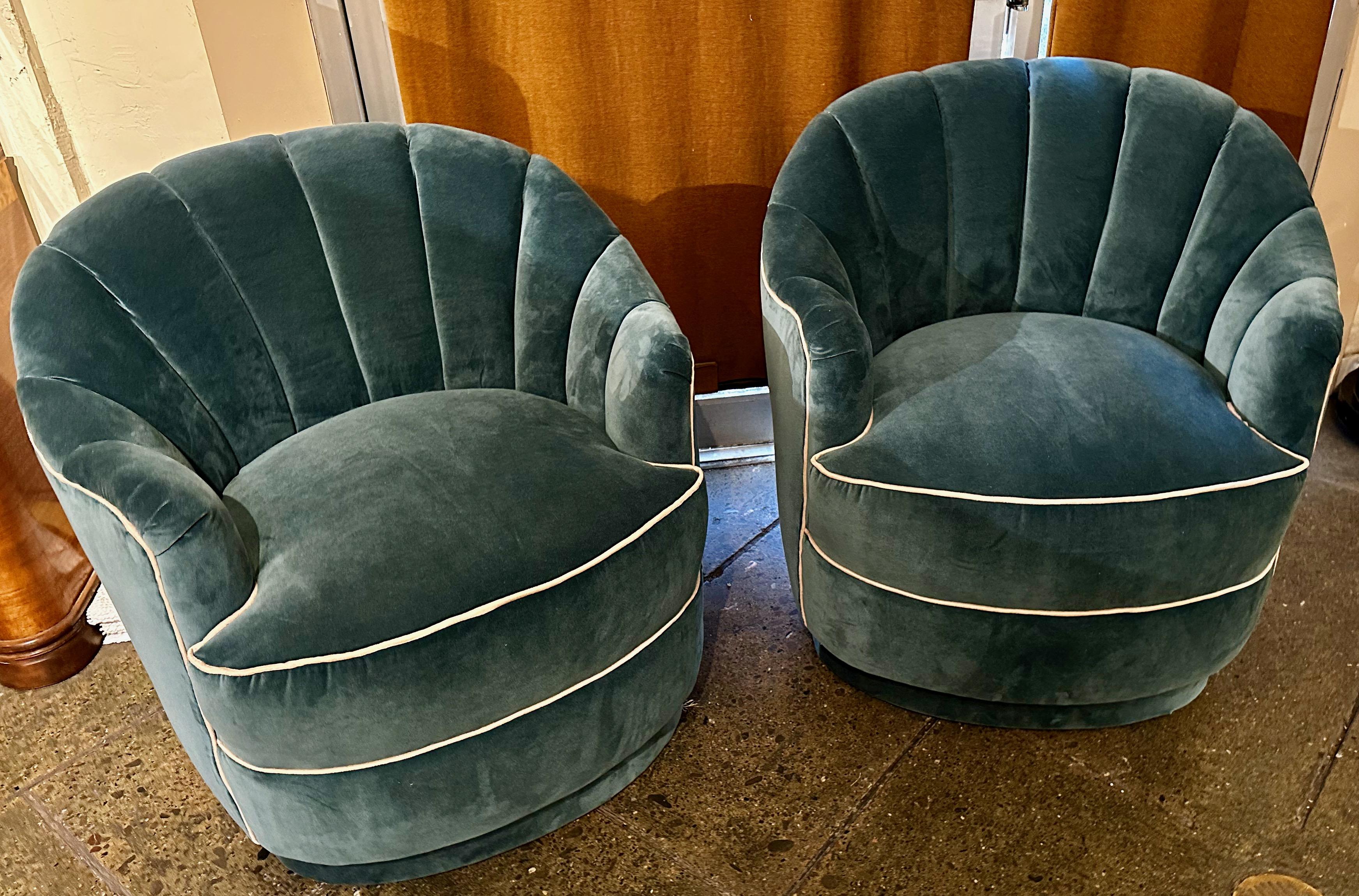 Art Deco Style Channel Back Upholstered Velvet Chairs on Castors. Originally these chairs were very dull by adding an upholstered channel back, we were able to give them a terrific Art Deco look and superb comfort. We added rubber casters so they