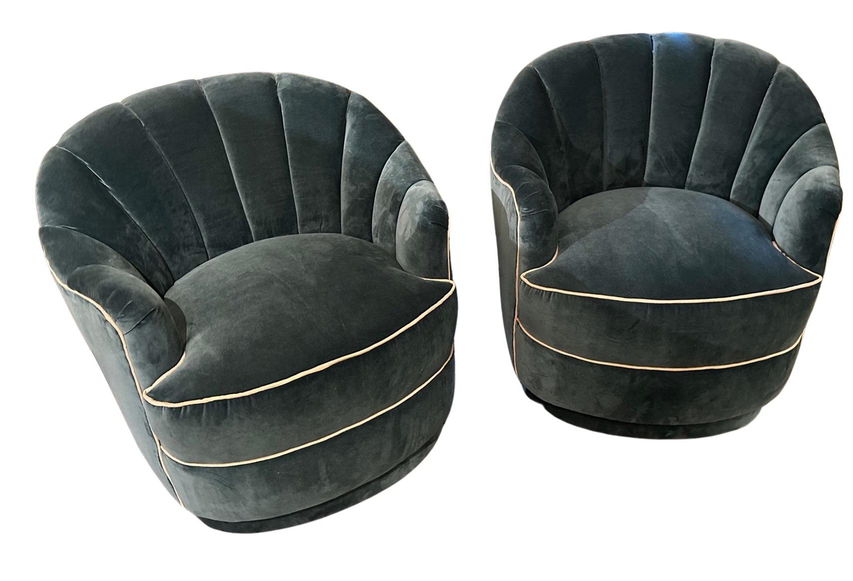 American Art Deco Style Channel Back Upholstered Velvet Chairs on Castors For Sale