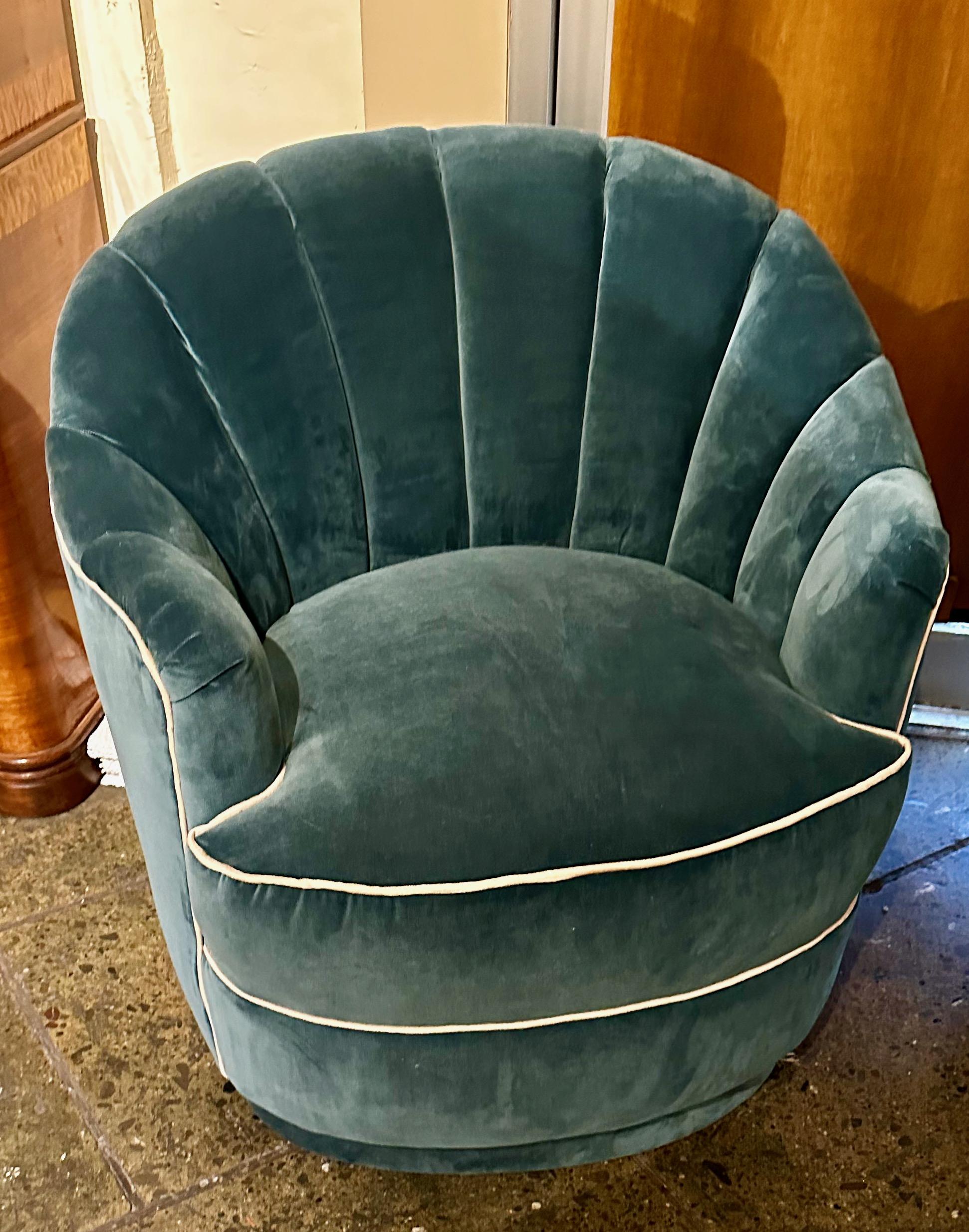 Art Deco Style Channel Back Upholstered Velvet Chairs on Castors In Good Condition For Sale In Oakland, CA