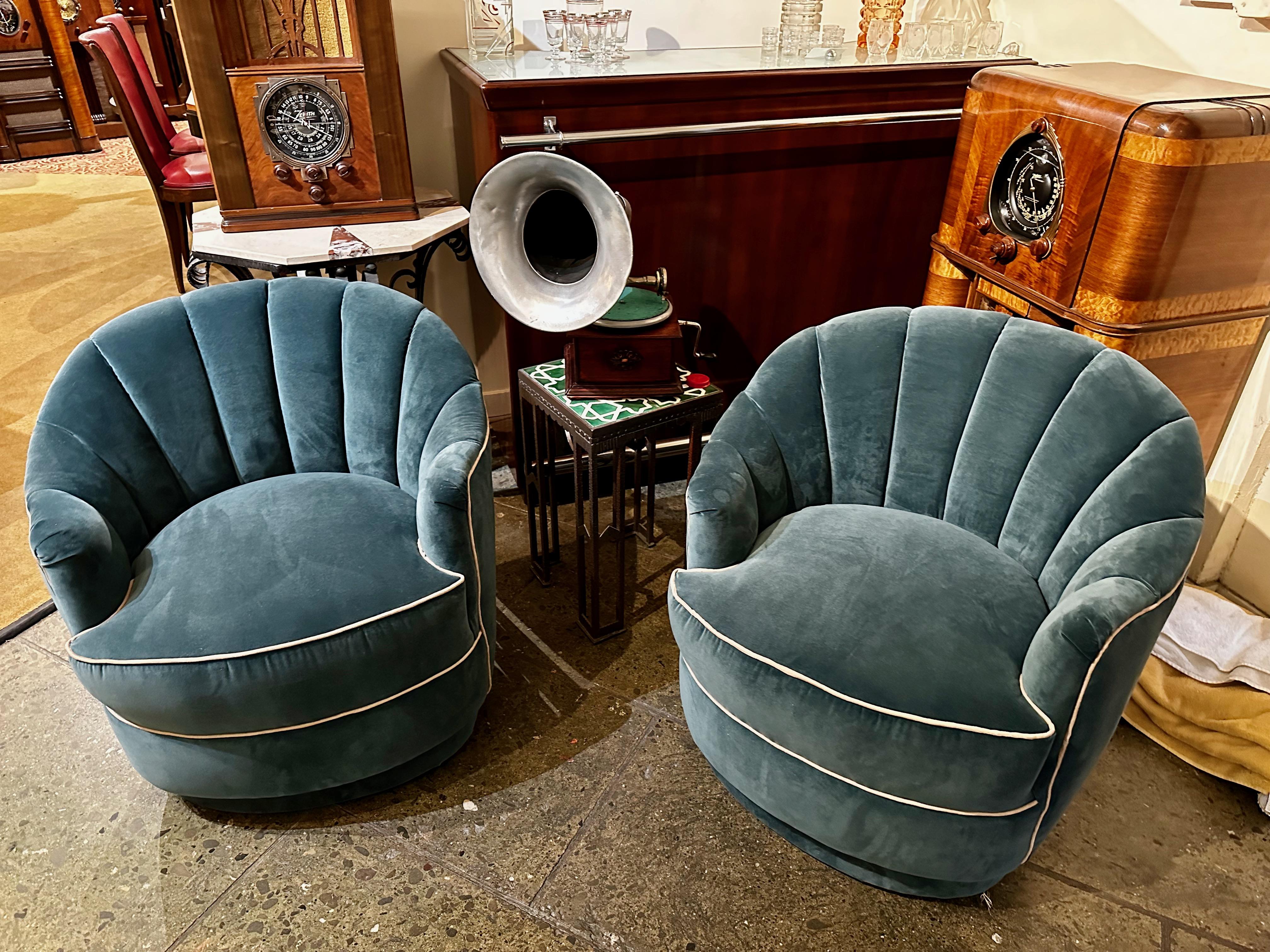 Mid-20th Century Art Deco Style Channel Back Upholstered Velvet Chairs on Castors For Sale