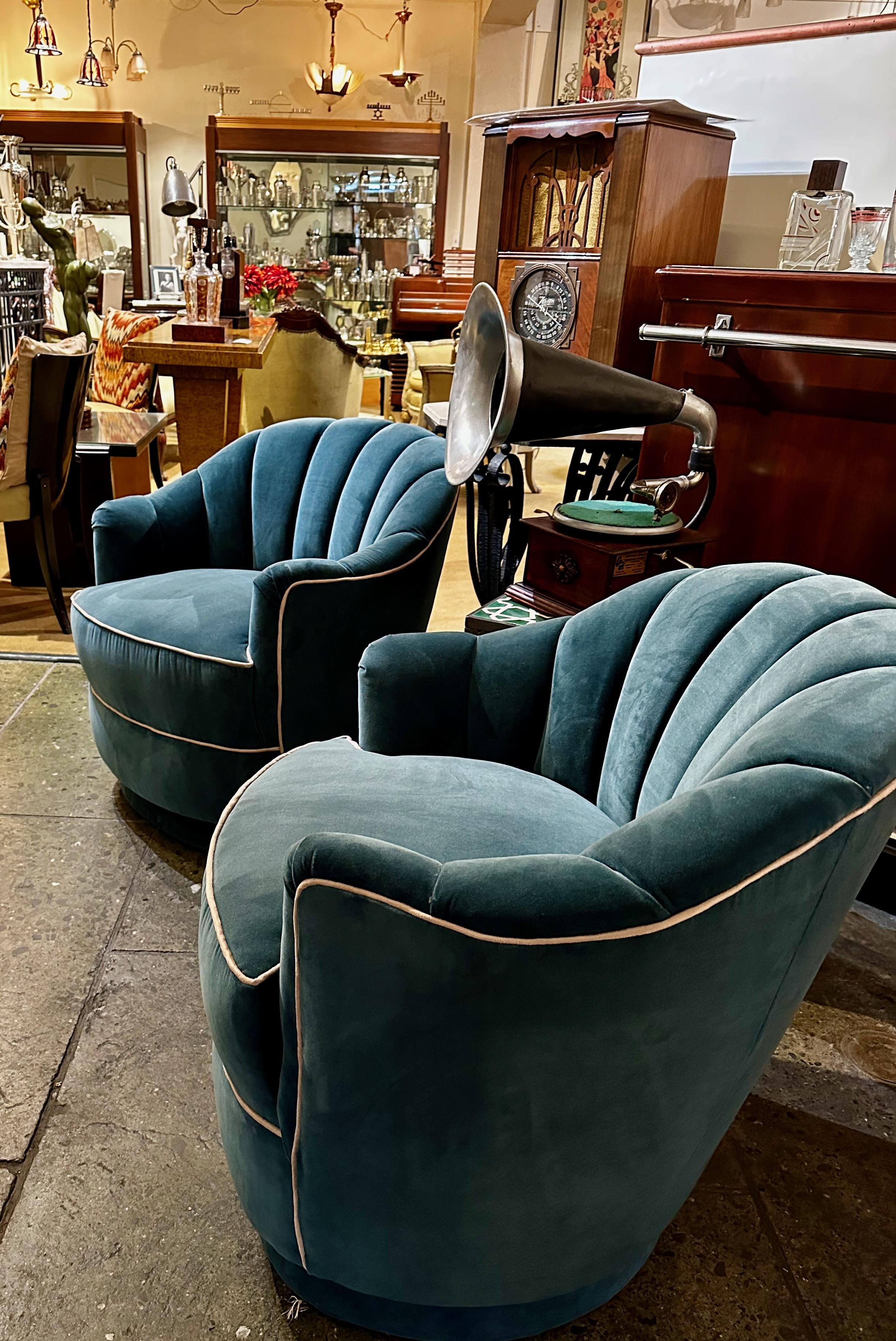 Art Deco Style Channel Back Upholstered Velvet Chairs on Castors For Sale 3