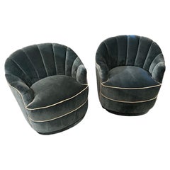 Used Art Deco Style Channel Back Upholstered Velvet Chairs on Castors