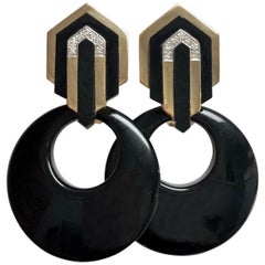 Art Deco Style Chevron Gold Onyx and Diamond Earrings with Large Onyx Discs
