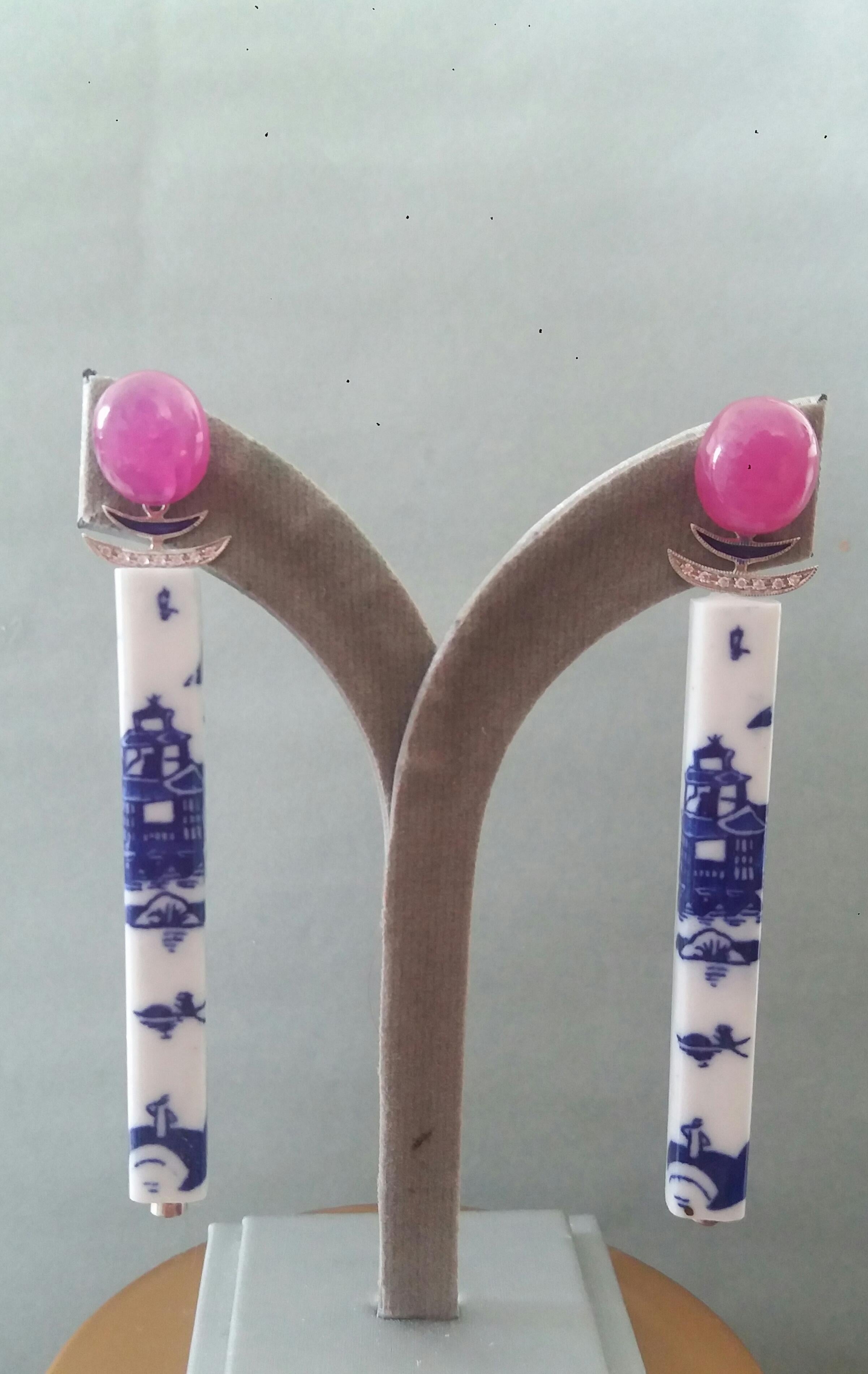 Art Deco Style Chinese Ceramic Rubies Cabs Diamonds Gold Enamel Dangle Earrings For Sale 4