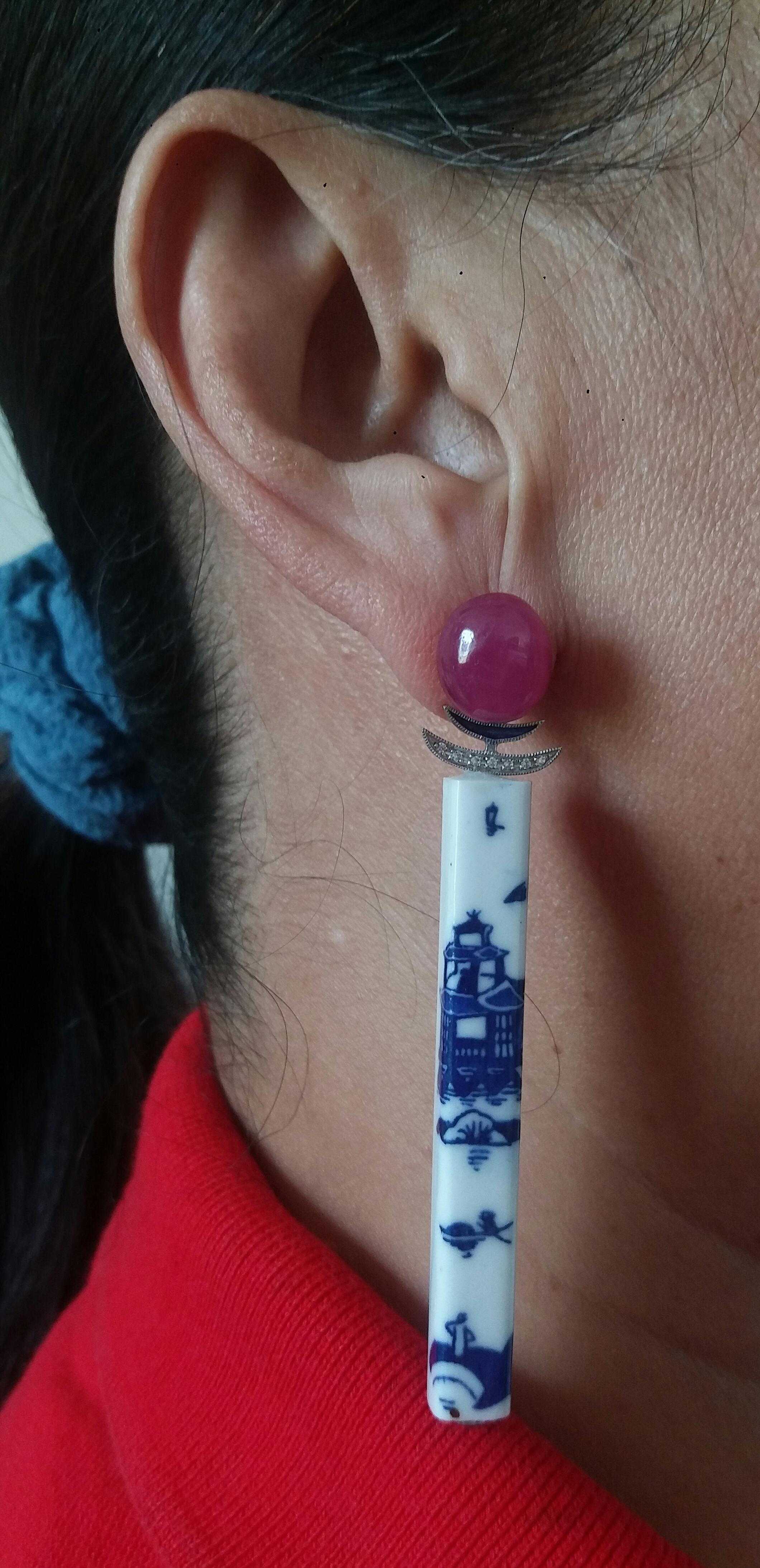 Art Deco Style Chinese Ceramic Rubies Cabs Diamonds Gold Enamel Dangle Earrings For Sale 7