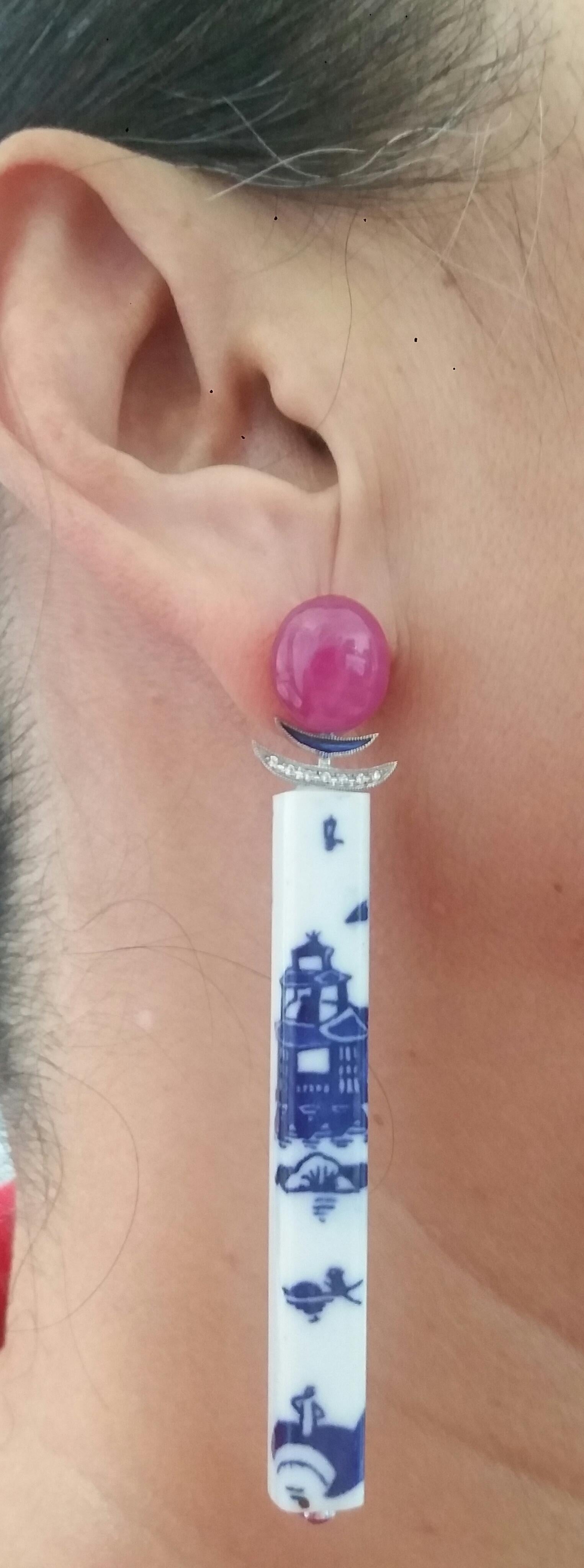 Art Deco Style Chinese Ceramic Rubies Cabs Diamonds Gold Enamel Dangle Earrings For Sale 8