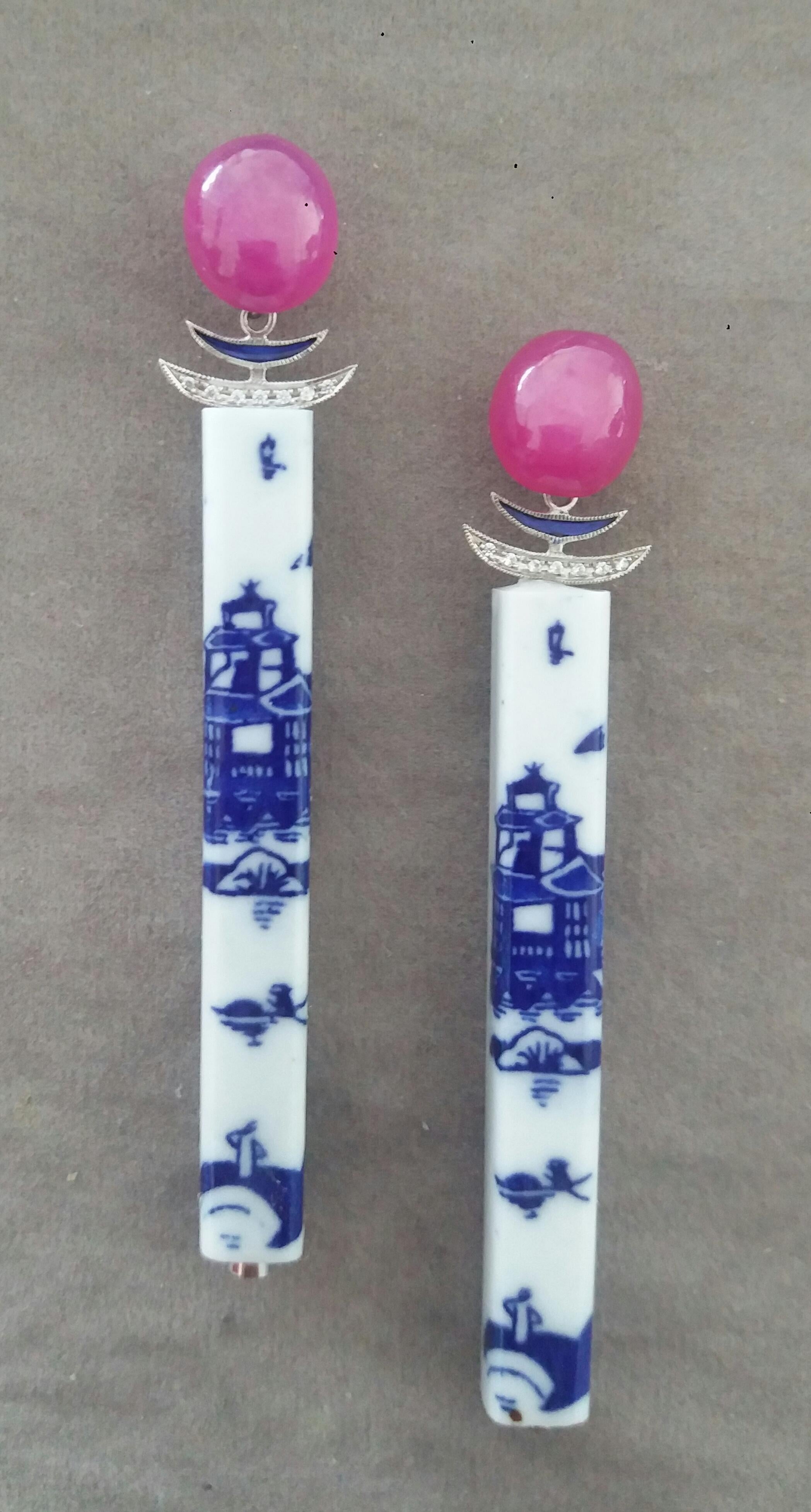 Oval Cut Art Deco Style Chinese Ceramic Rubies Cabs Diamonds Gold Enamel Dangle Earrings For Sale
