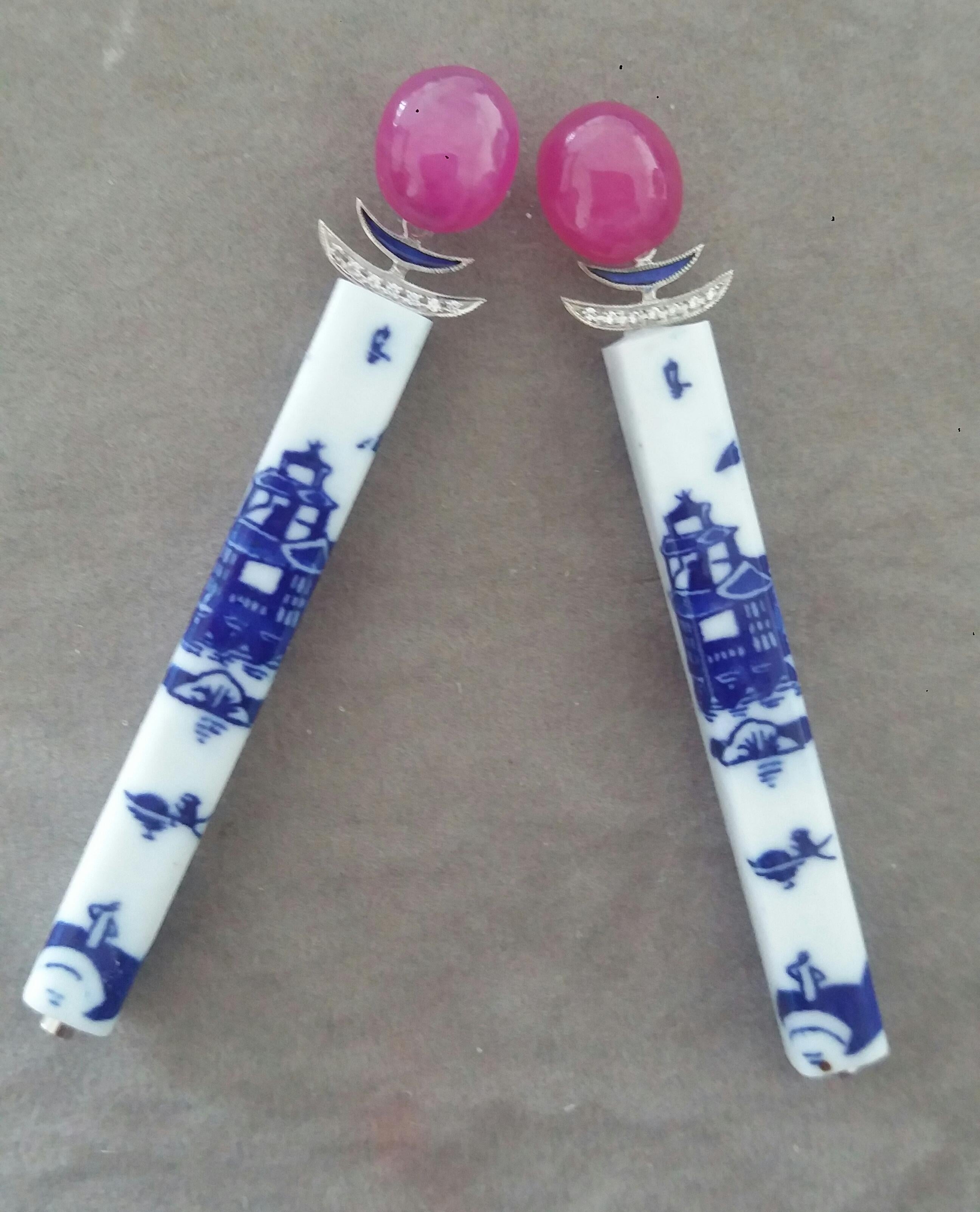 Art Deco Style Chinese Ceramic Rubies Cabs Diamonds Gold Enamel Dangle Earrings In Good Condition For Sale In Bangkok, TH