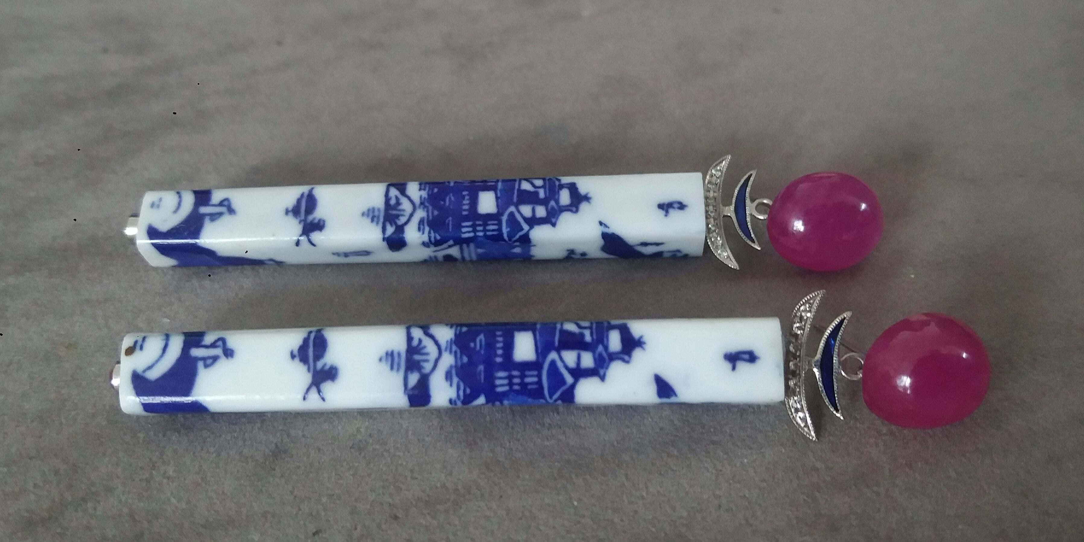 Art Deco Style Chinese Ceramic Rubies Cabs Diamonds Gold Enamel Dangle Earrings In Good Condition For Sale In Bangkok, TH