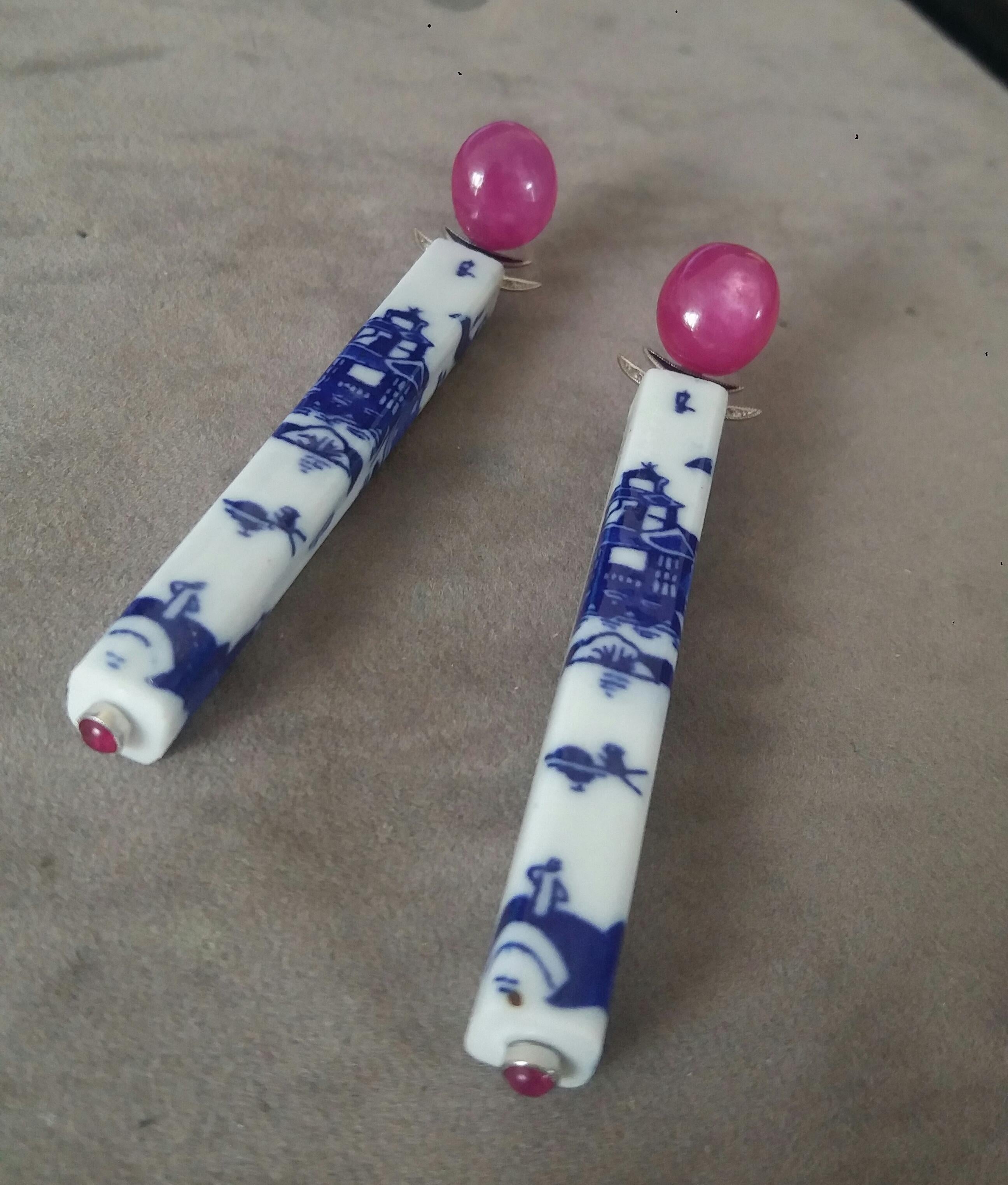 Art Deco Style Chinese Ceramic Rubies Cabs Diamonds Gold Enamel Dangle Earrings For Sale 1