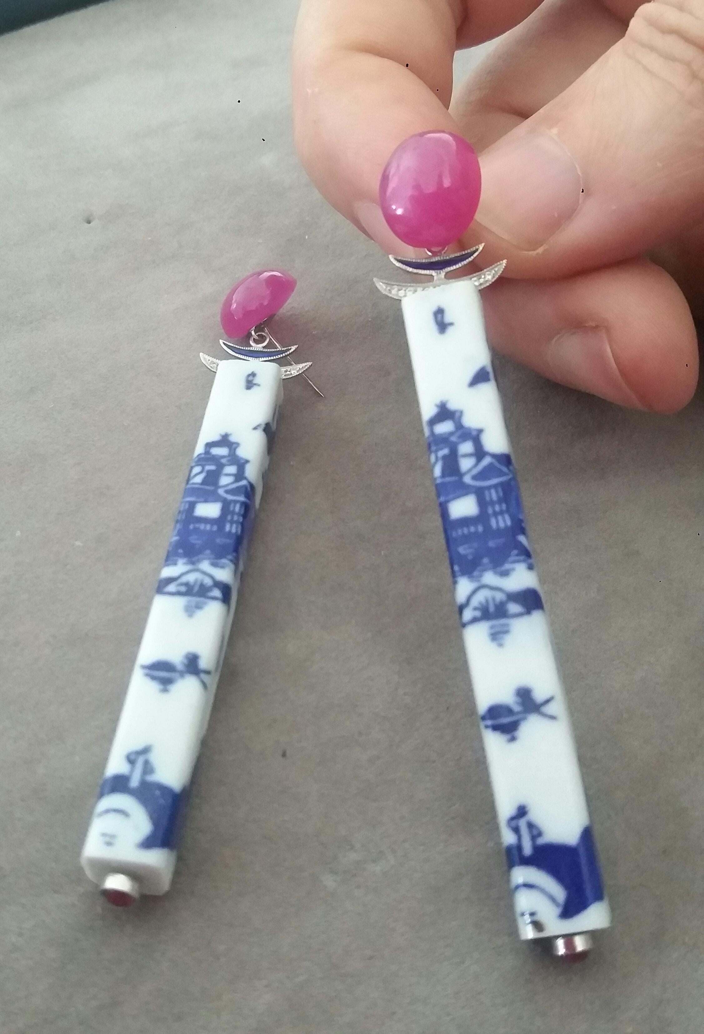 Art Deco Style Chinese Ceramic Rubies Cabs Diamonds Gold Enamel Dangle Earrings For Sale 2