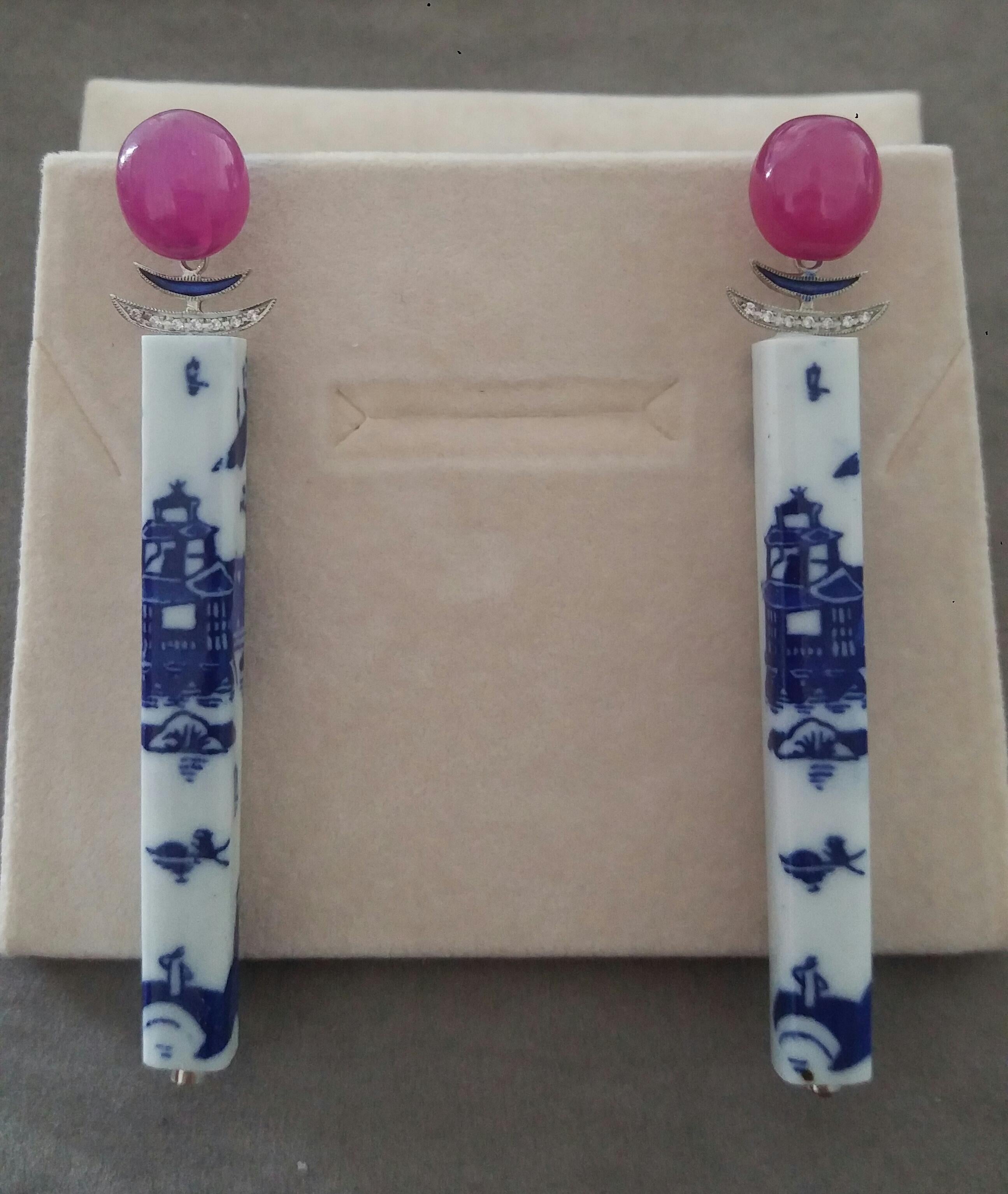 Art Deco Style Chinese Ceramic Rubies Cabs Diamonds Gold Enamel Dangle Earrings For Sale 3