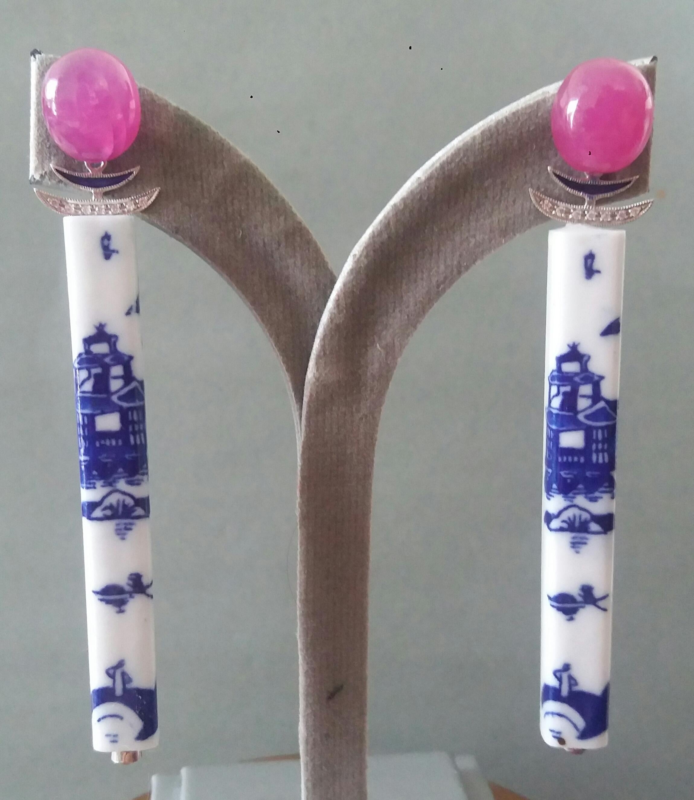 Art Deco Style Chinese Ceramic Rubies Cabs Diamonds Gold Enamel Dangle Earrings For Sale 4