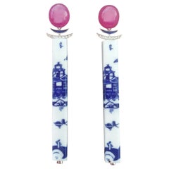 Art Deco Style Chinese Ceramic Rubies Cabs Diamonds Gold Enamel Dangle Earrings