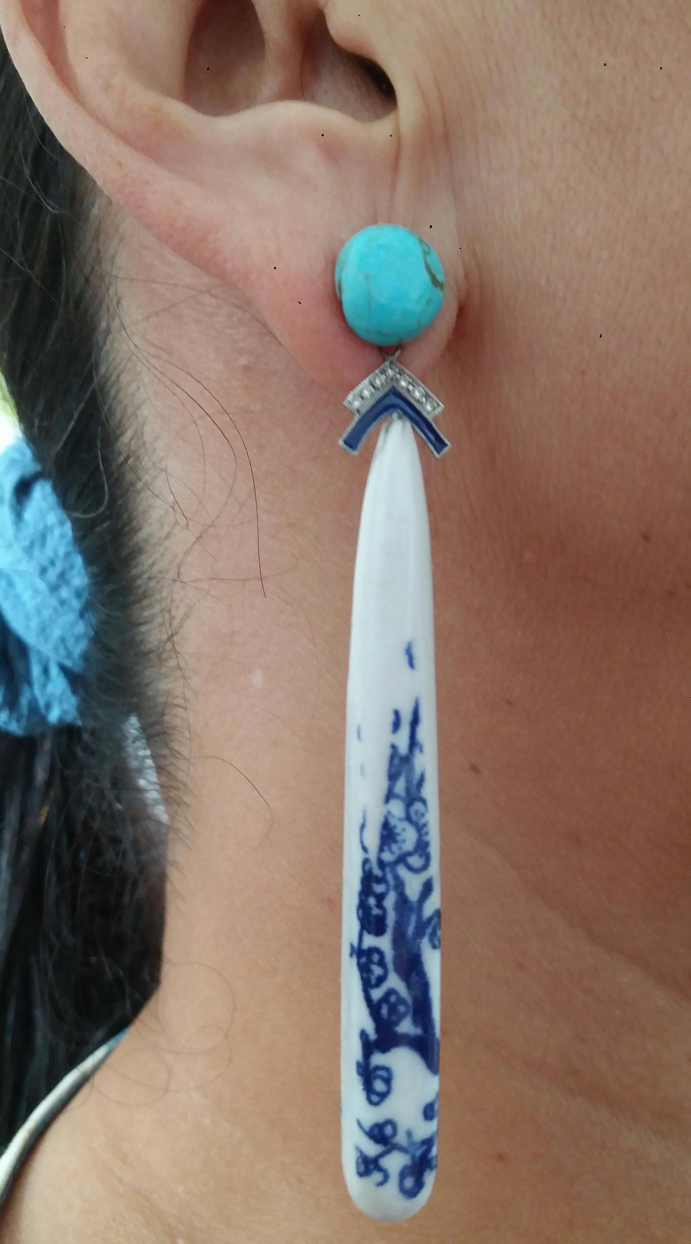 Art Deco Style Chinese Ceramic Turquoise Diamonds Gold Enamel Drop Earrings For Sale 5