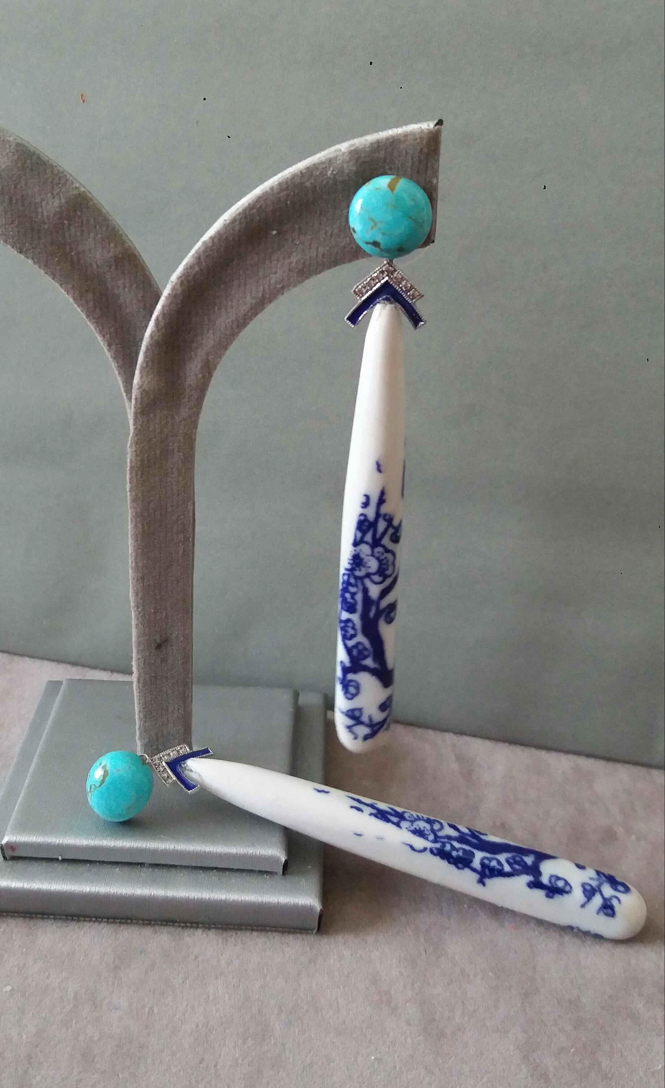 Art Deco Style Chinese Ceramic Turquoise Diamonds Gold Enamel Drop Earrings For Sale 6