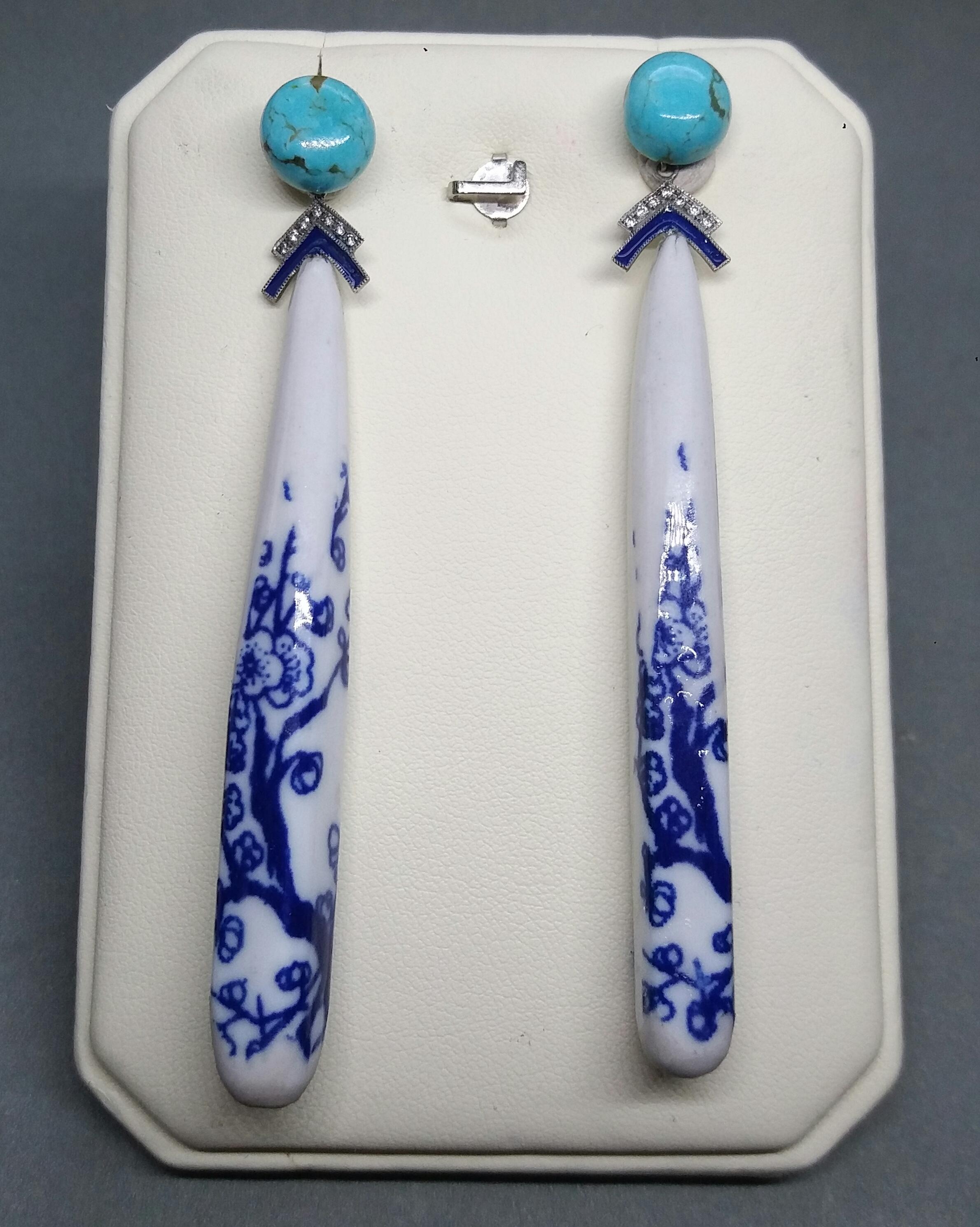 Art Deco Style Chinese Ceramic Turquoise Diamonds Gold Enamel Drop Earrings For Sale 8