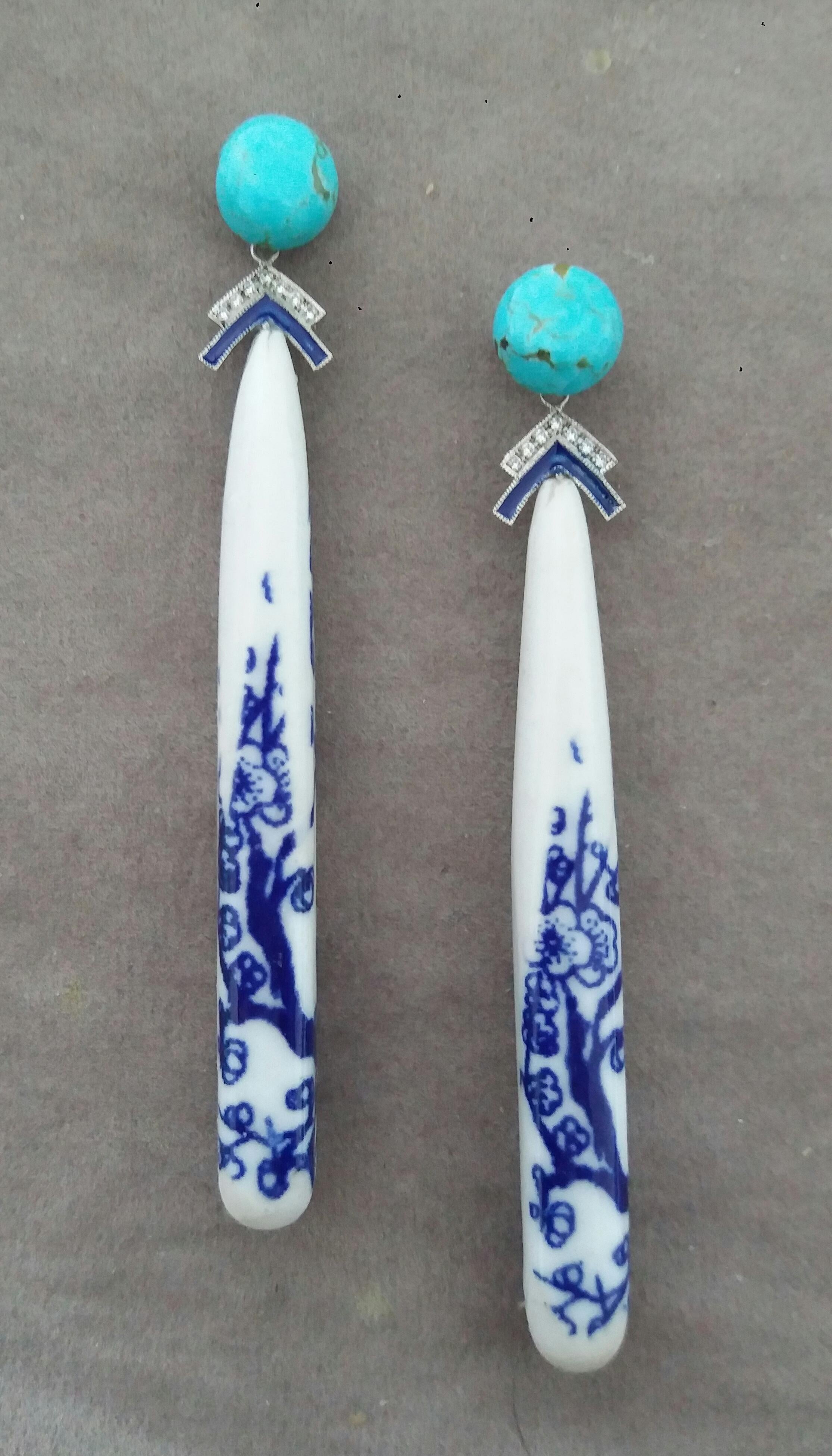 Mixed Cut Art Deco Style Chinese Ceramic Turquoise Diamonds Gold Enamel Drop Earrings For Sale