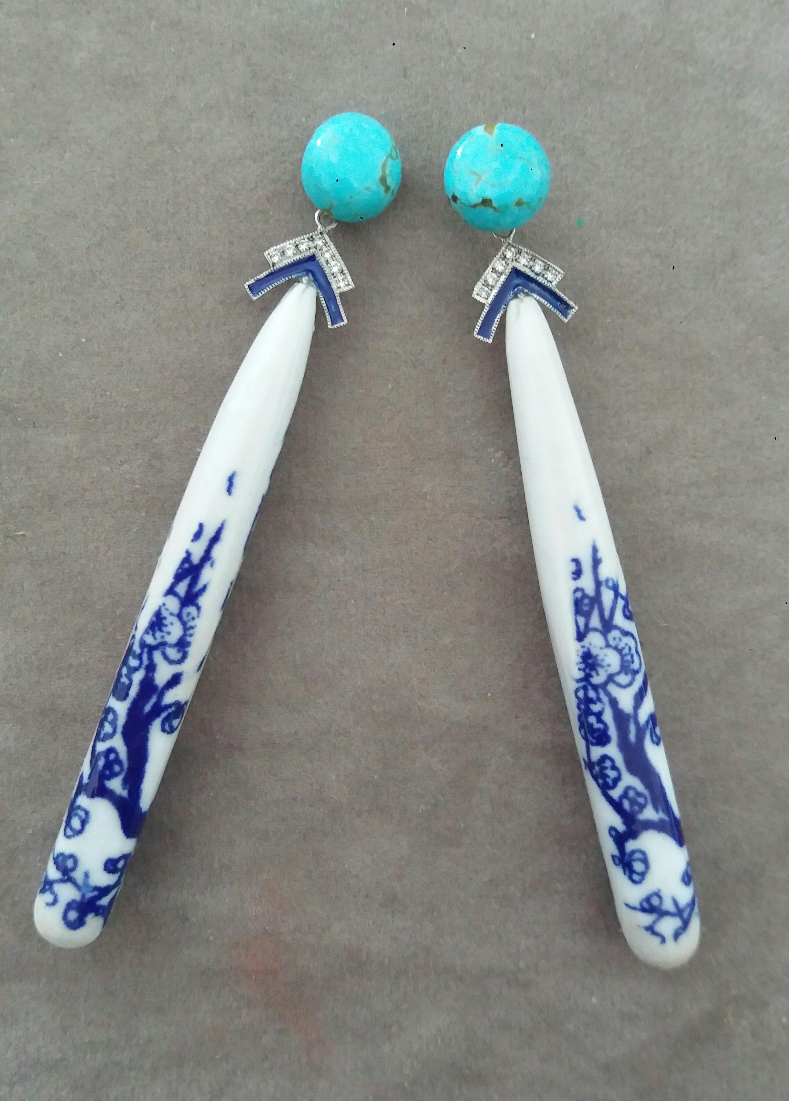 Art Deco Style Chinese Ceramic Turquoise Diamonds Gold Enamel Drop Earrings In Good Condition For Sale In Bangkok, TH