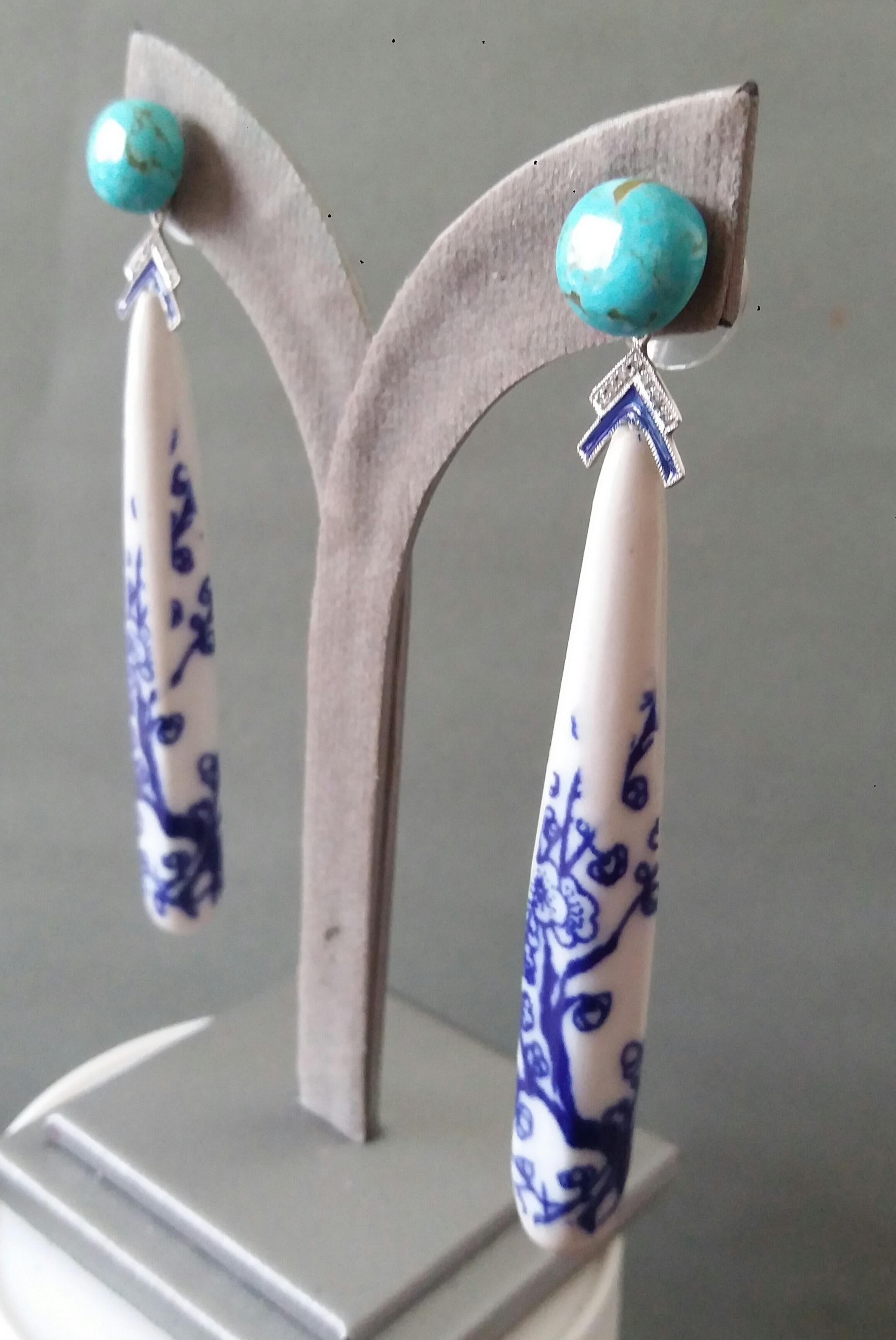 Art Deco Style Chinese Ceramic Turquoise Diamonds Gold Enamel Drop Earrings For Sale 2