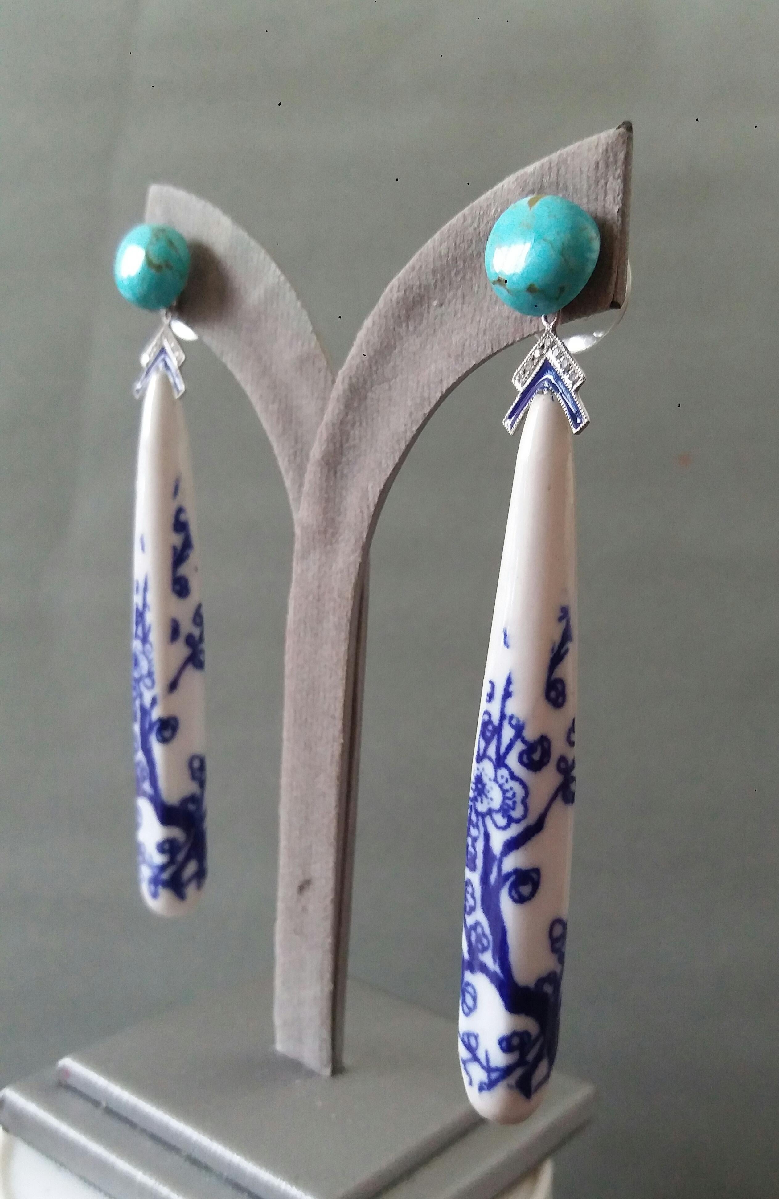 Art Deco Style Chinese Ceramic Turquoise Diamonds Gold Enamel Drop Earrings For Sale 3