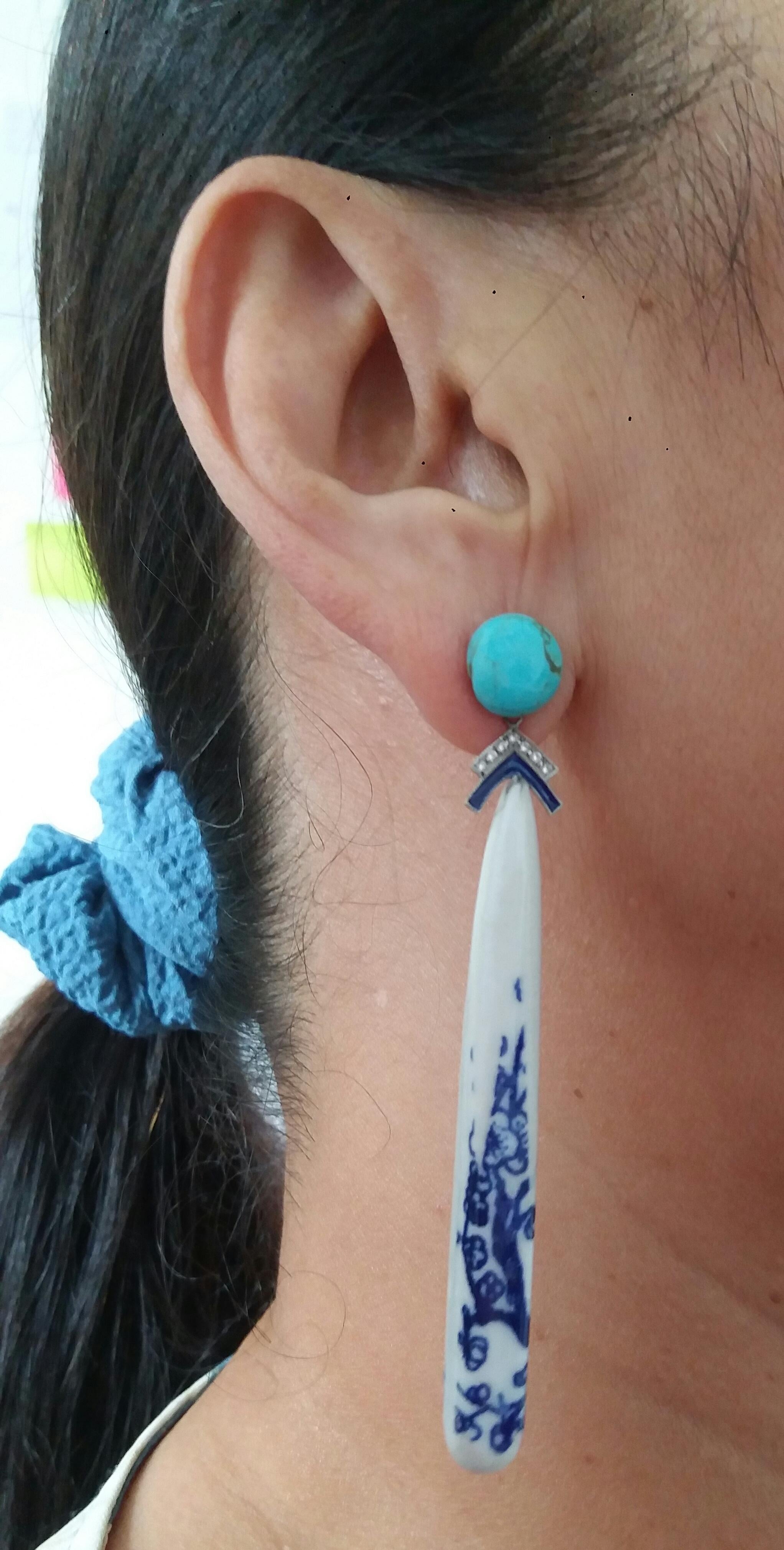 Art Deco Style Chinese Ceramic Turquoise Diamonds Gold Enamel Drop Earrings For Sale 4