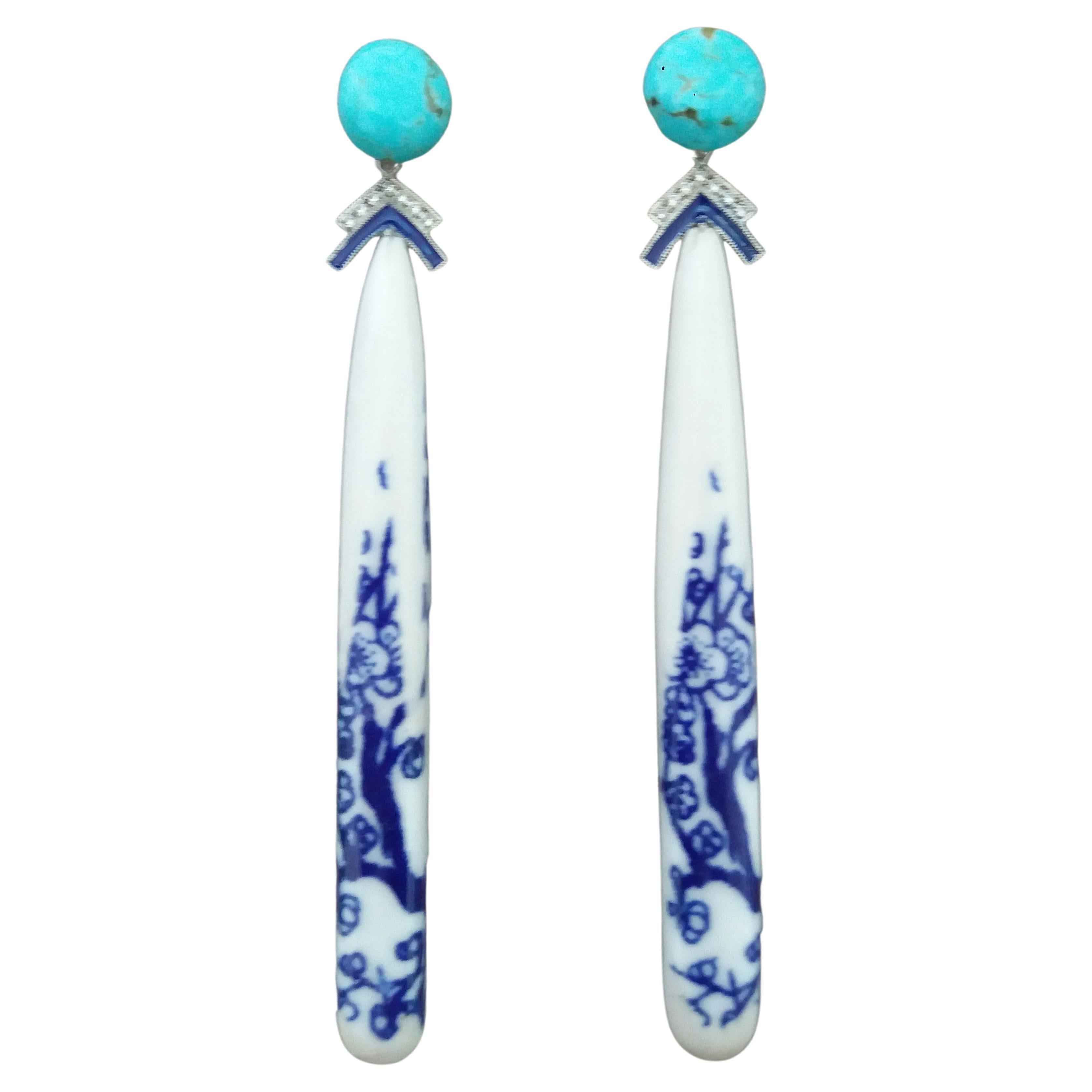 Art Deco Style Chinese Ceramic Turquoise Diamonds Gold Enamel Drop Earrings For Sale