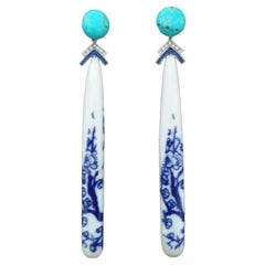 Art Deco Style Chinese Ceramic Turquoise Diamonds Gold Enamel Drop Earrings