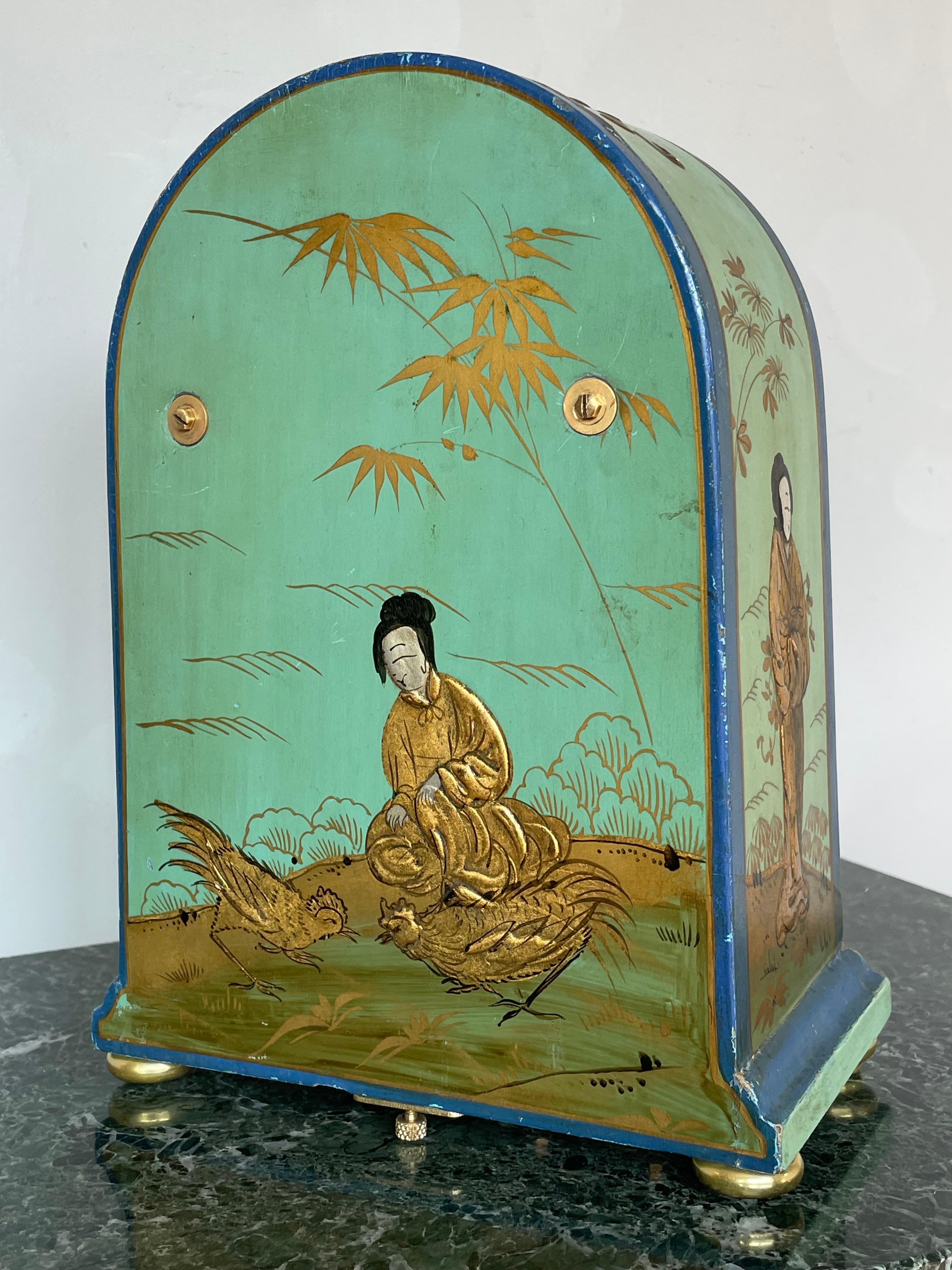 Art Deco Style Chinoiserie Mantel Clock w. Handpainted Males, Females and Dragon For Sale 9