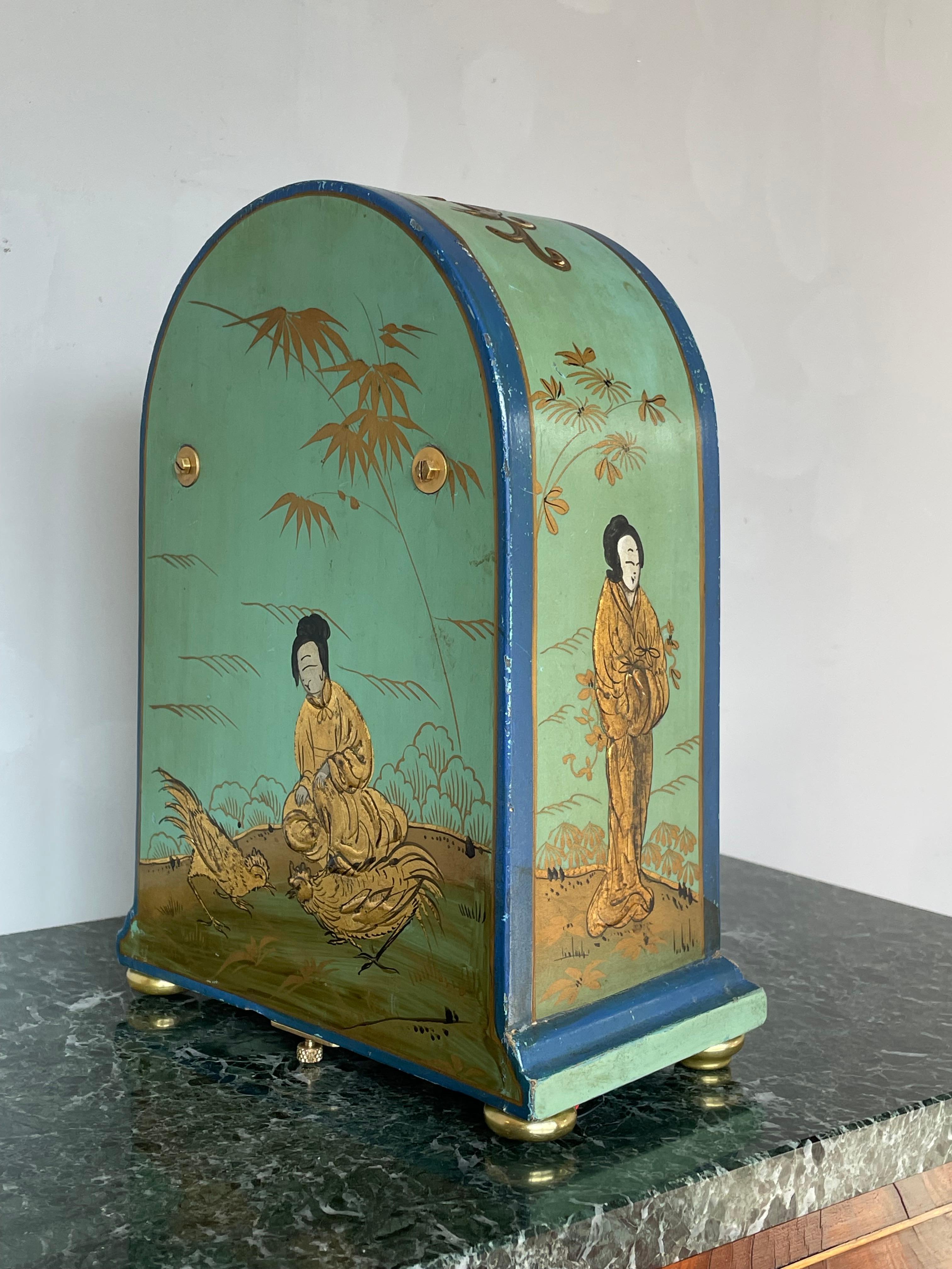 Japonisme Art Deco Style Chinoiserie Mantel Clock w. Handpainted Males, Females and Dragon For Sale