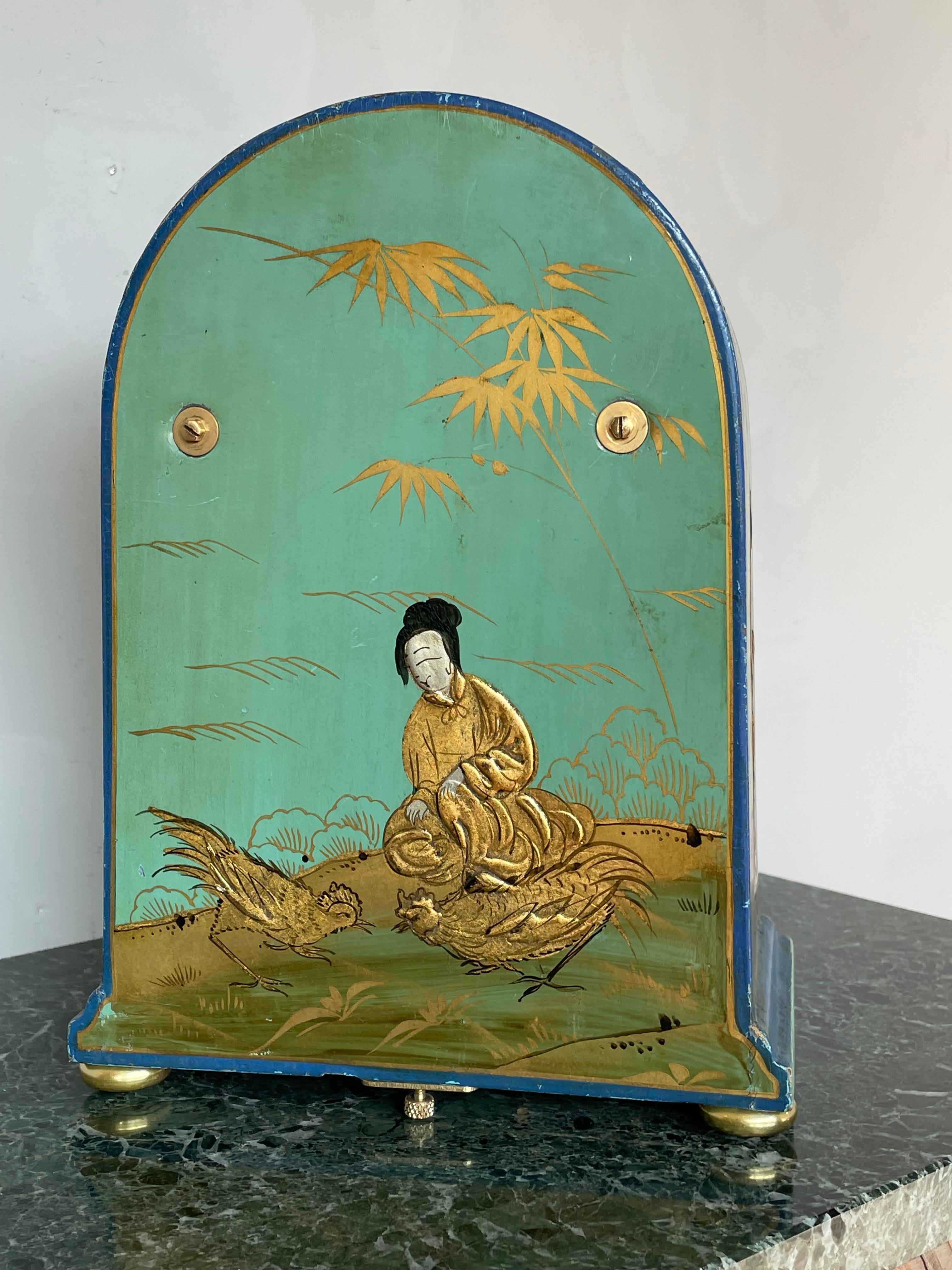 French Art Deco Style Chinoiserie Mantel Clock w. Handpainted Males, Females and Dragon For Sale