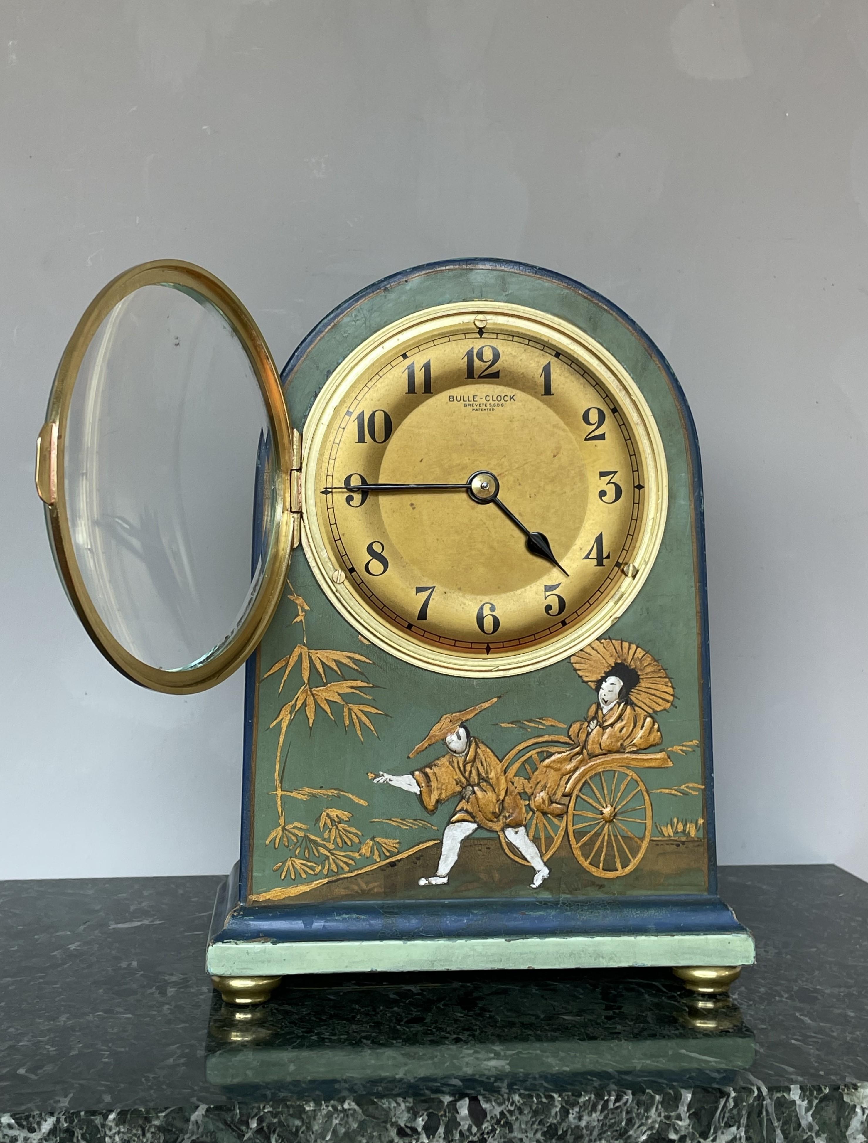 Beveled Art Deco Style Chinoiserie Mantel Clock w. Handpainted Males, Females and Dragon