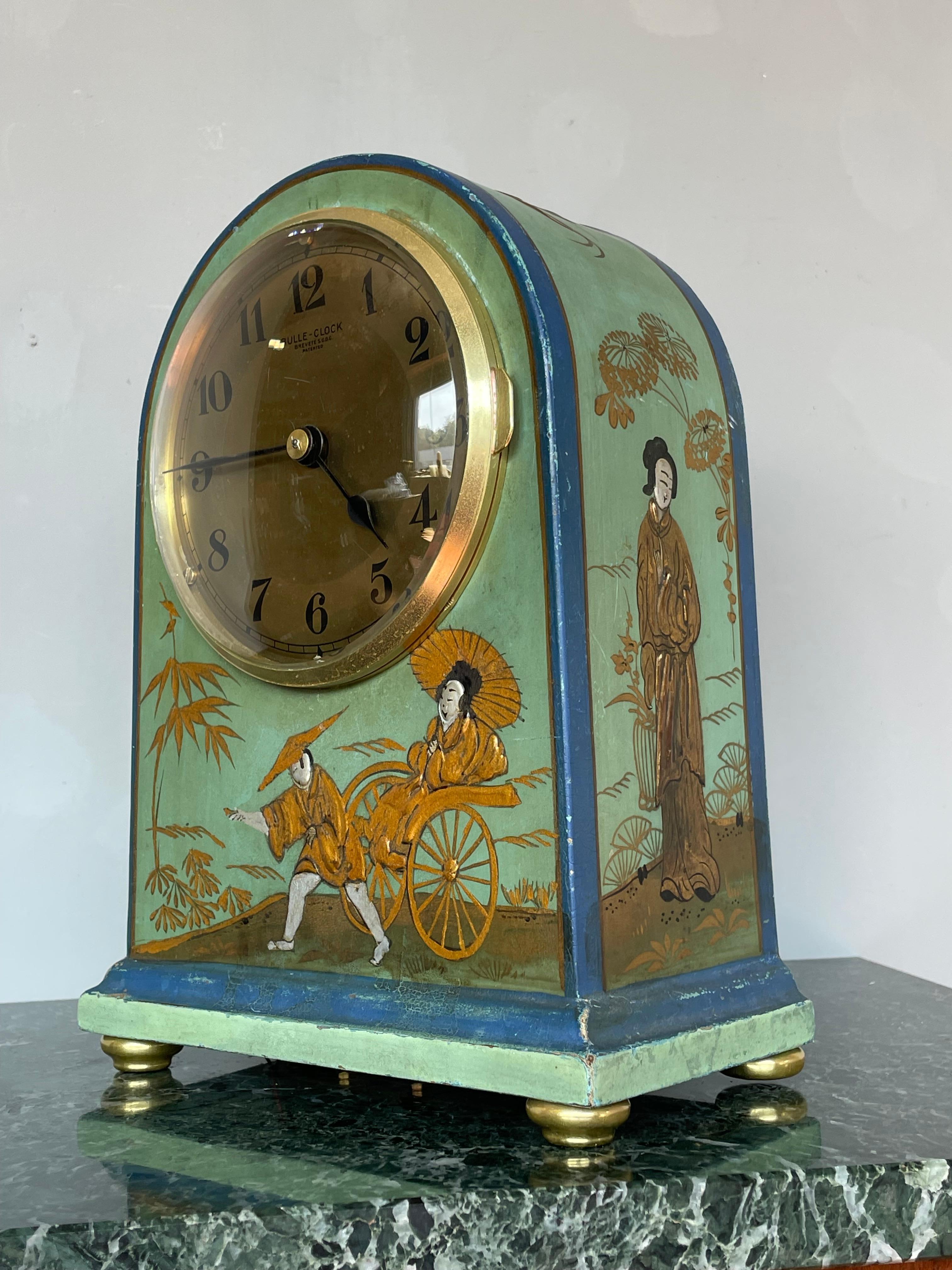 Art Deco Style Chinoiserie Mantel Clock w. Handpainted Males, Females and Dragon For Sale 1