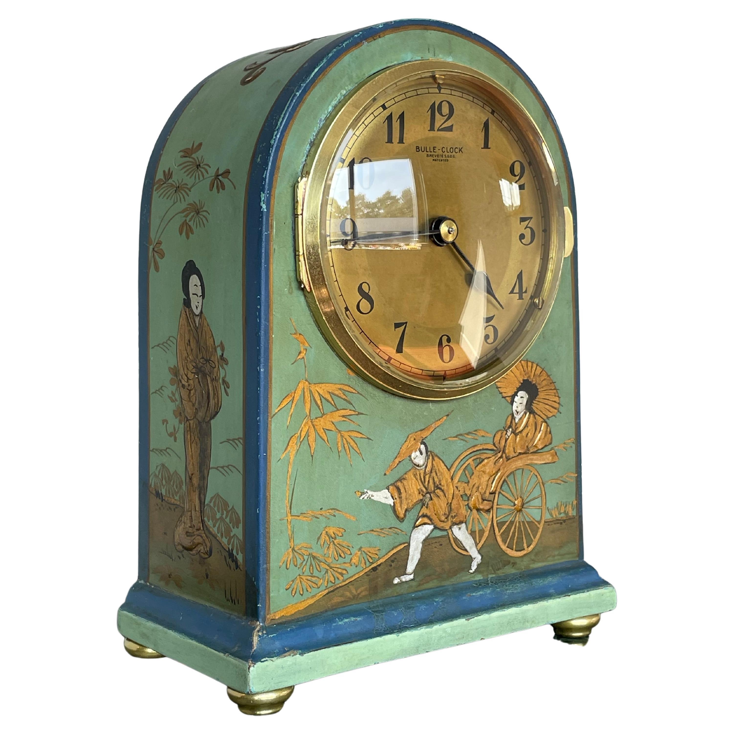 Art Deco Style Chinoiserie Mantel Clock w. Handpainted Males, Females and Dragon For Sale