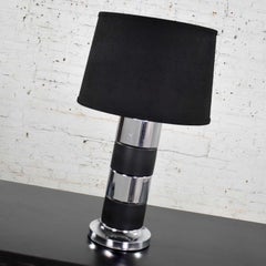 Vintage Art Deco Style Chrome & Black Horizontal Stripe Cylindrical Table Lamp