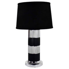 Art Deco Style Chrome and Black Horizontal Stripe Cylindrical Table Lamp Black S