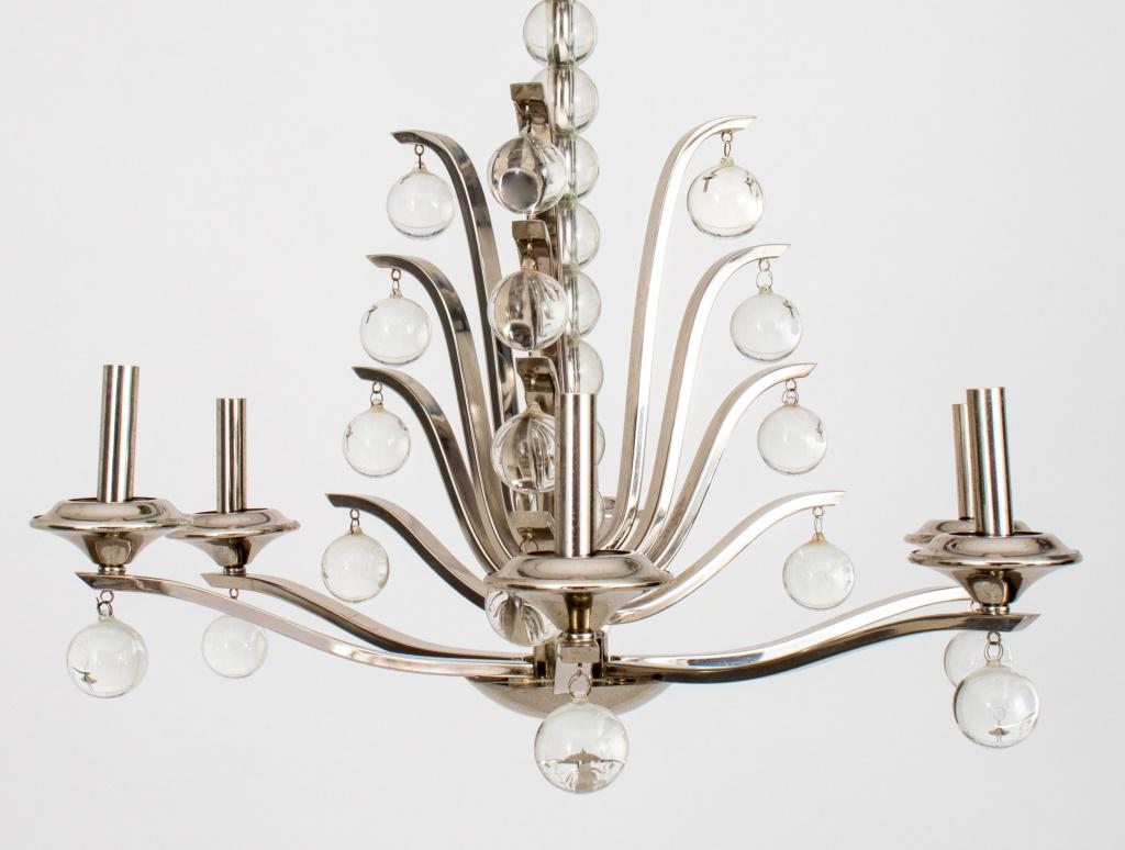 Art Deco Style Chrome and Glass Six Light Chandelier, 21st Century.  Approx. 27