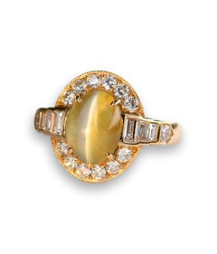 Art Deco Style Chrysoberyl Cat's Eye and Diamond Engagement Ring