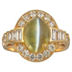 Art Deco Style Chrysoberyl Cat's Eye and Diamond Engagement Ring