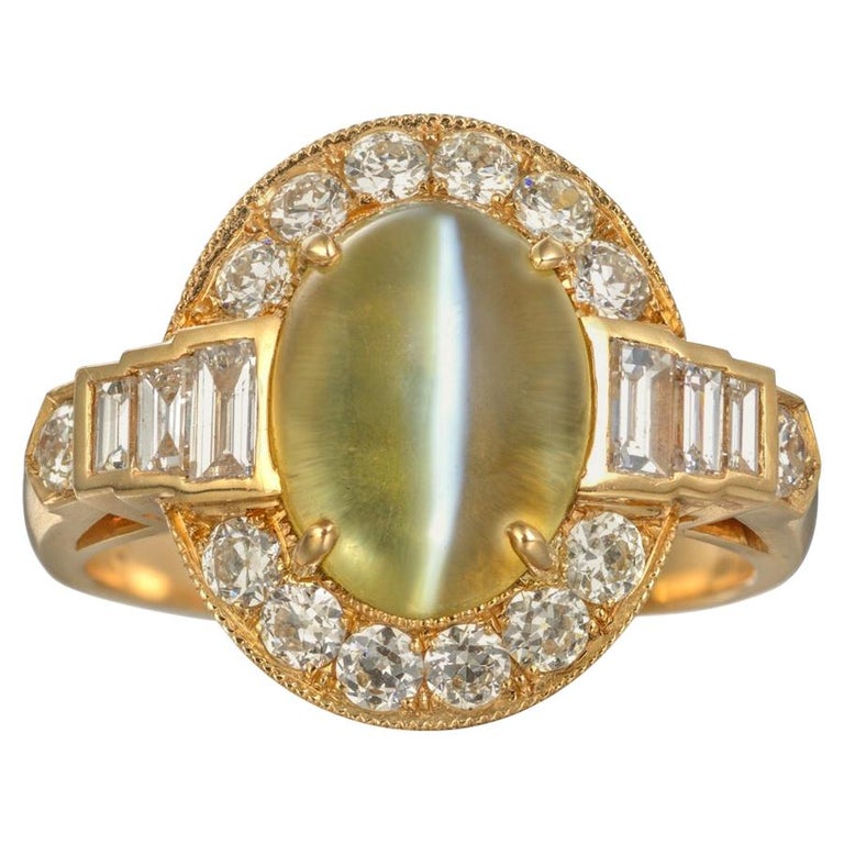 Art Deco Style Chrysoberyl Cat's Eye and Diamond Engagement Ring at 1stDibs