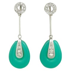 Ohrgehänge im Art-Déco-Stil mit Chrysopras und Diamant in Weißgold