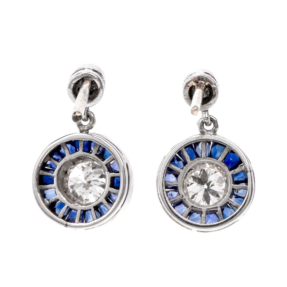 Women's Art Deco Style Circle Diamond Sapphire Platinum Dangle Stud Earrings