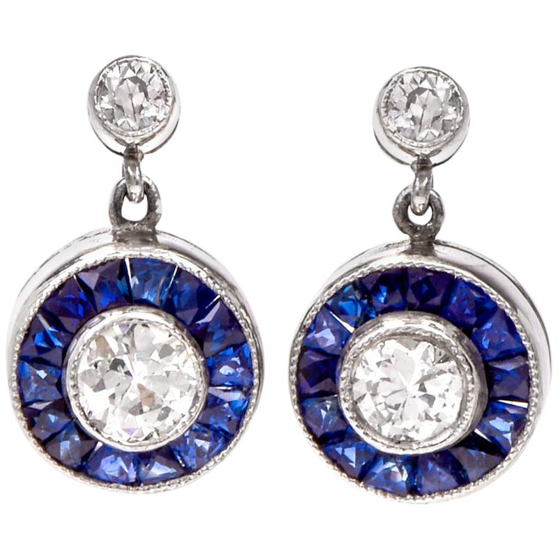 Art Deco Style Circle Diamond Sapphire Platinum Dangle Stud Earrings