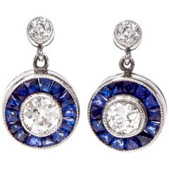 Art Deco Style Circle Diamond Sapphire Platinum Dangle Stud Earrings