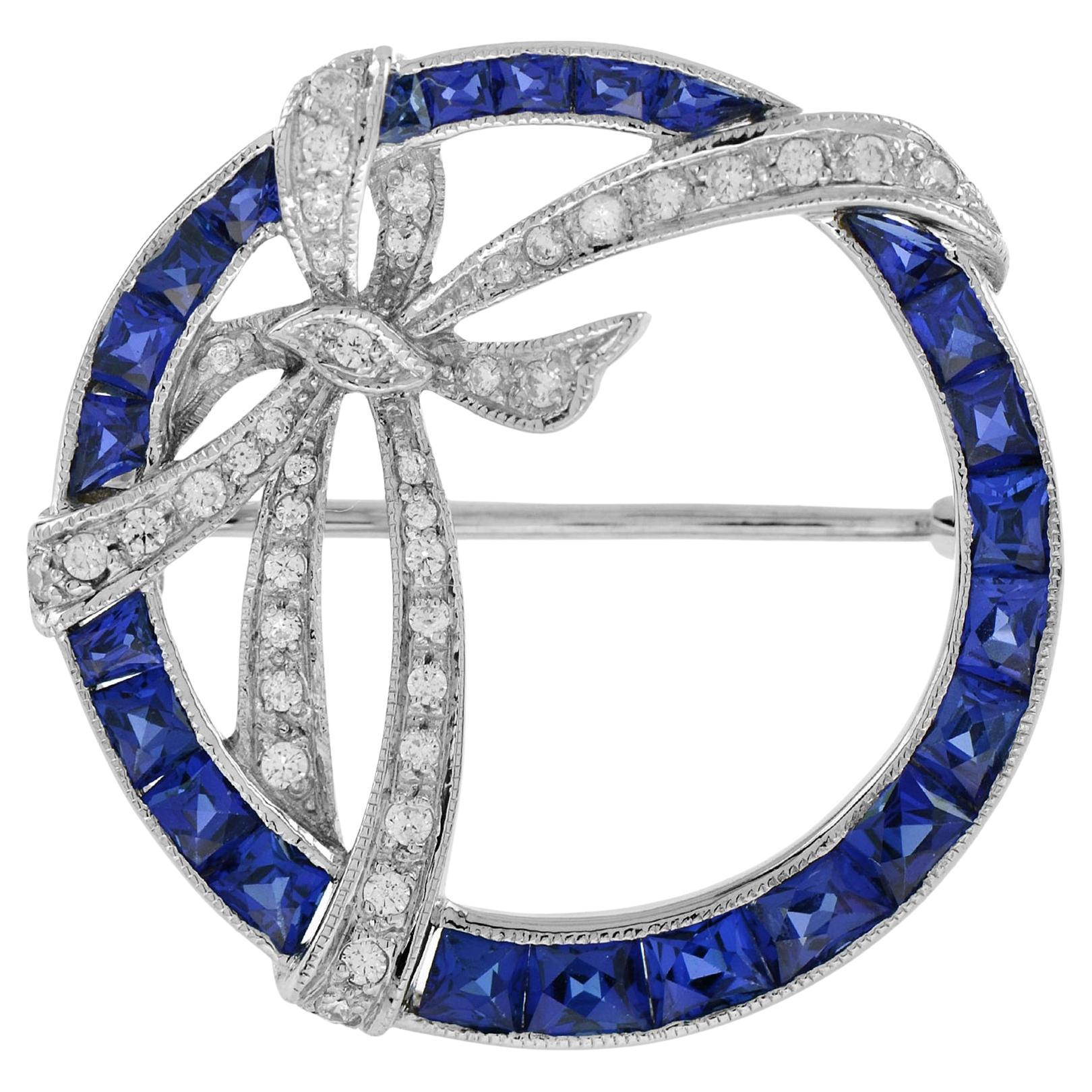 Art Deco Style Circle with Ribbon Bow Halo Blue Sapphire & Diamond Pin Brooch